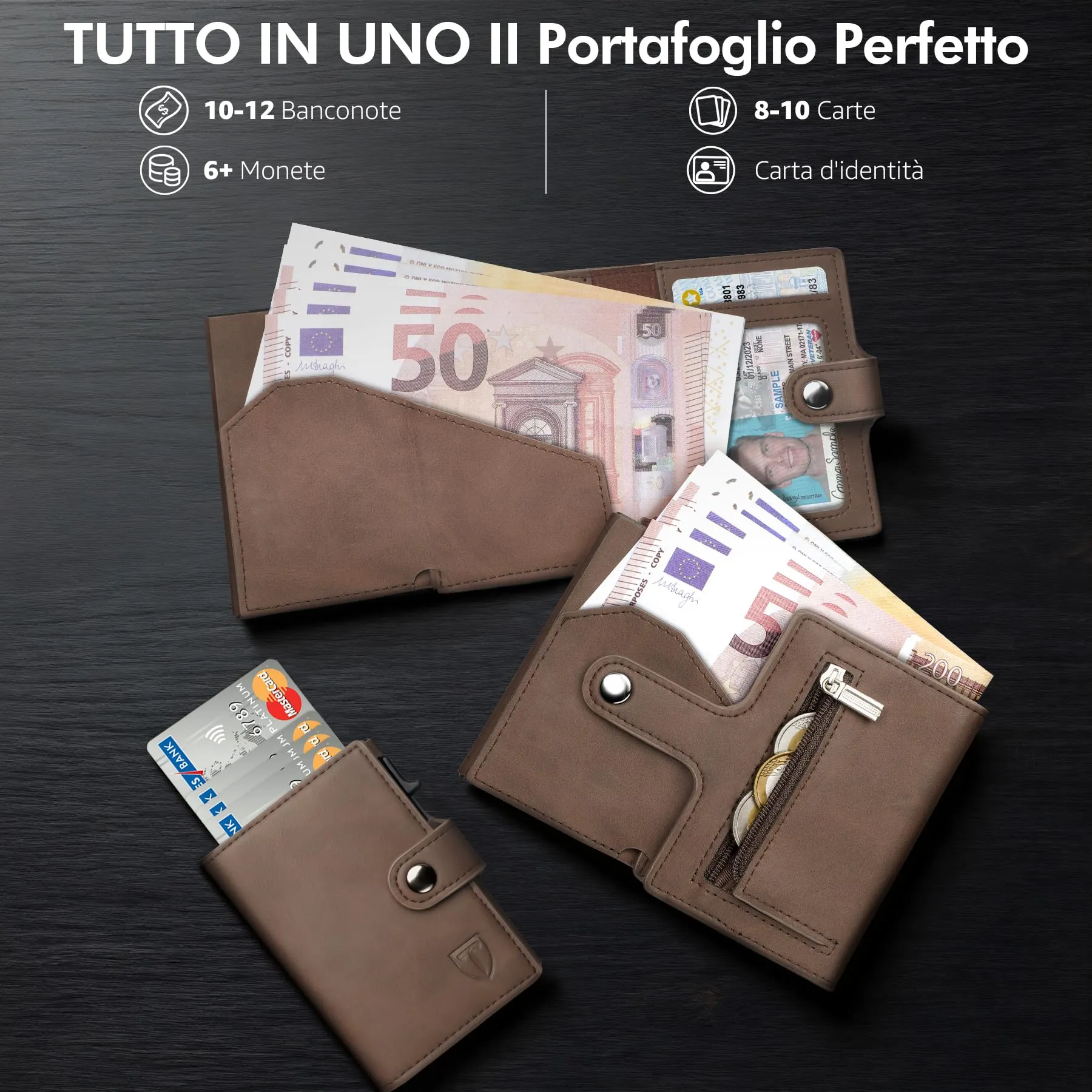 TENBST Portafoglio Uomo Ultrasottile in Pelle Fibra di Carbonio con Tasca Portamonete e Protezione RFID, T-340 - immagine 3