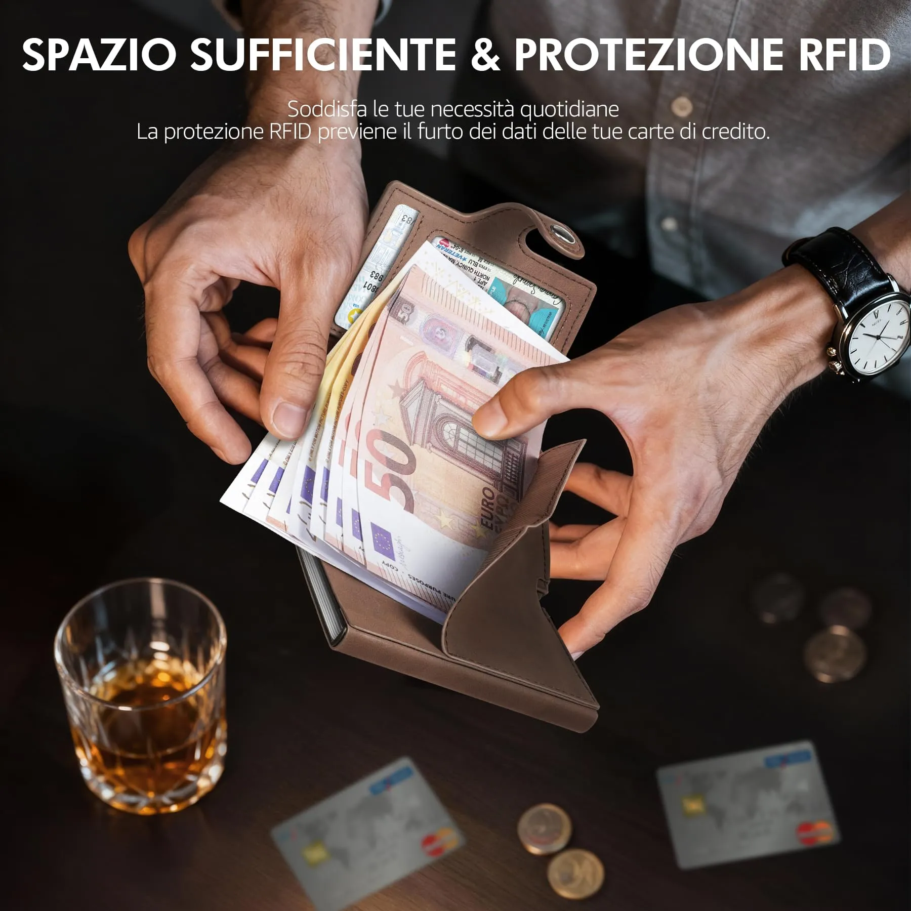 TENBST Portafoglio Uomo Ultrasottile in Pelle Fibra di Carbonio con Tasca Portamonete e Protezione RFID, T-340 - immagine 5