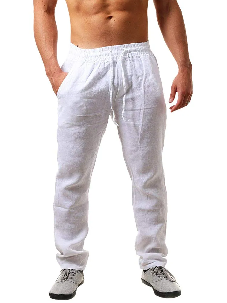 Runcati Pantaloni da Uomo in Lino e Cotone, Taglio Largo con Coulisse, Tinta Unita, Bianco, M - immagine 1
