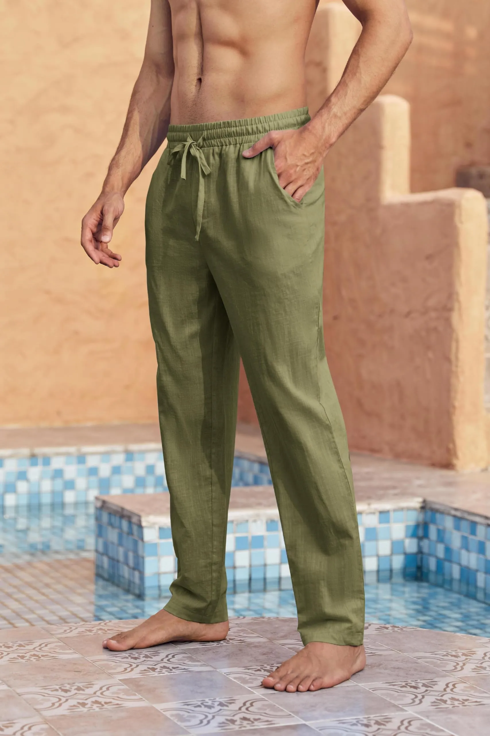 Runcati Pantaloni da Uomo in Lino e Cotone Tinta Unita Taglio Largo con Coulisse, Verde, XXL - immagine 3