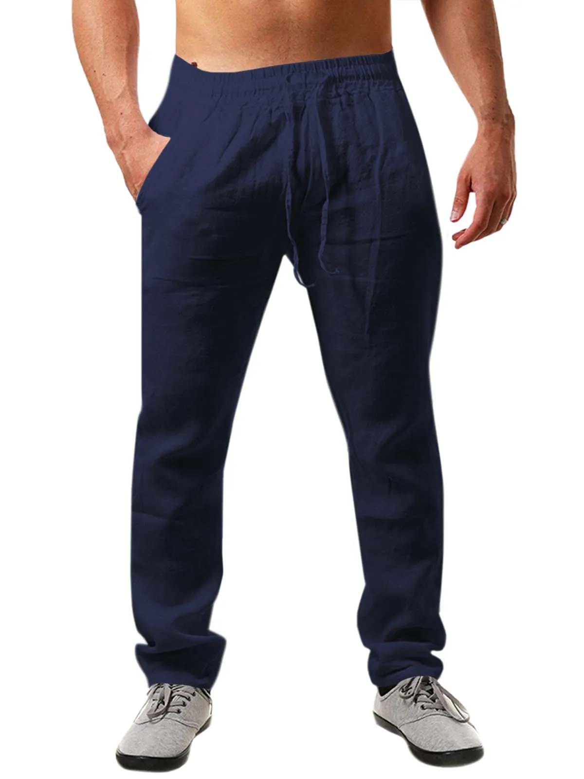 Runcati Pantaloni da Uomo in Lino e Cotone, Taglio Largo con Coulisse, Blu Scuro, M - immagine 1
