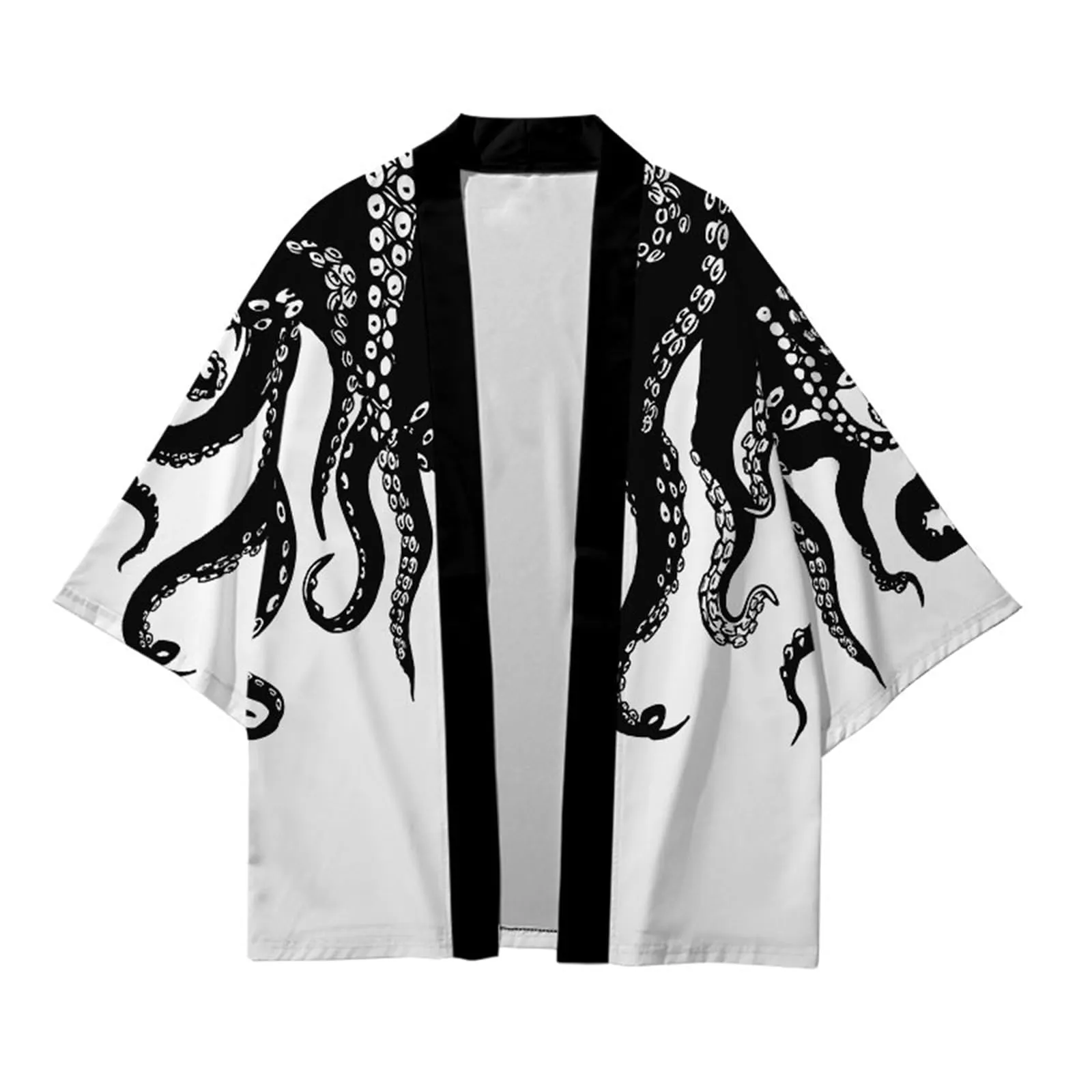 CIZEUR Cardigan Kimono Uomo Giapponese Maniche 3/4 Fantasia Estiva, 6XL BK-WT - immagine 1