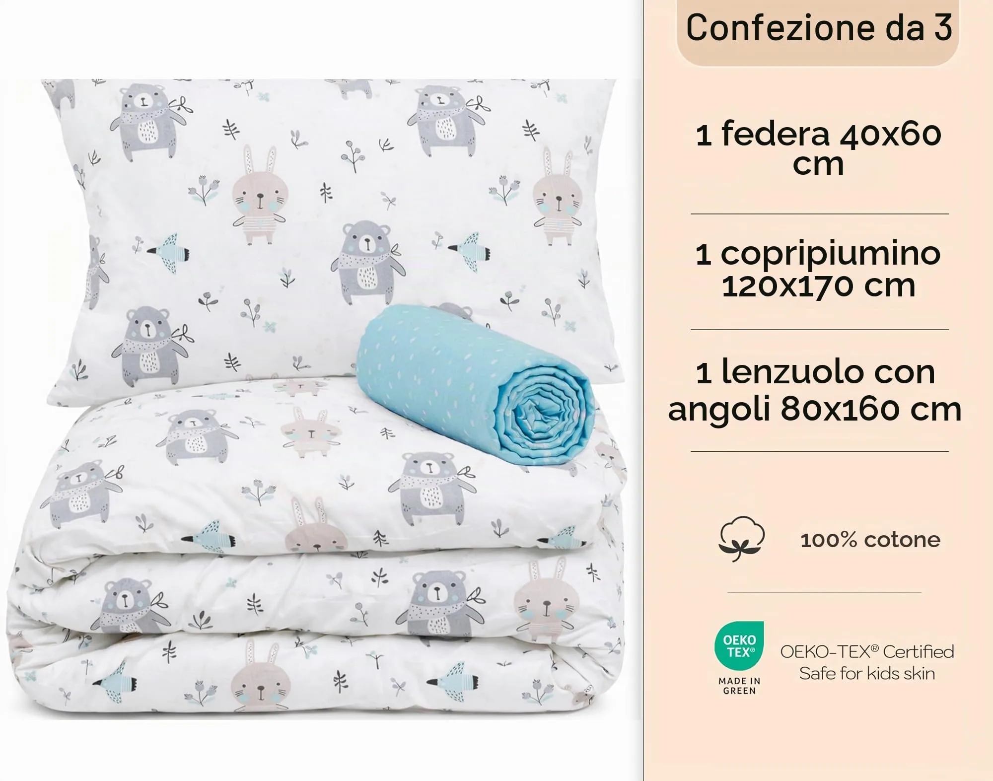 Lovely Hippo Set Lenzuola 80x160 cm con Angoli, Copripiumino 120x170 cm e Federa per Bambini, Animali Blu, 3 Pezzi - immagine 2