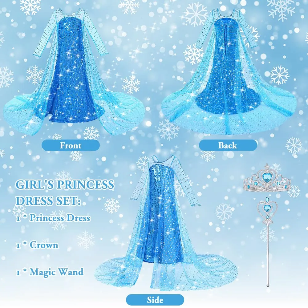 ACWOO Costume Vestito Bambina Principessa con Corona e Bacchetta, Taglia 120 - immagine 4