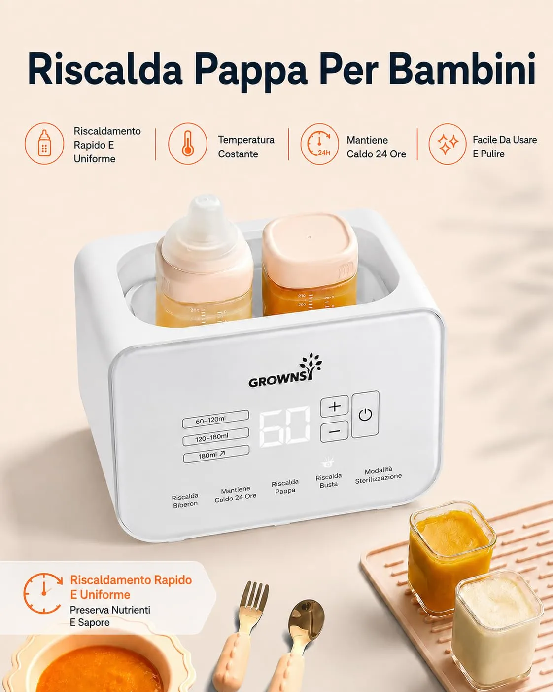 Grownsy Scaldabiberon Doppio 9 in 1 con Sterilizzatore e Display LCD - immagine 6