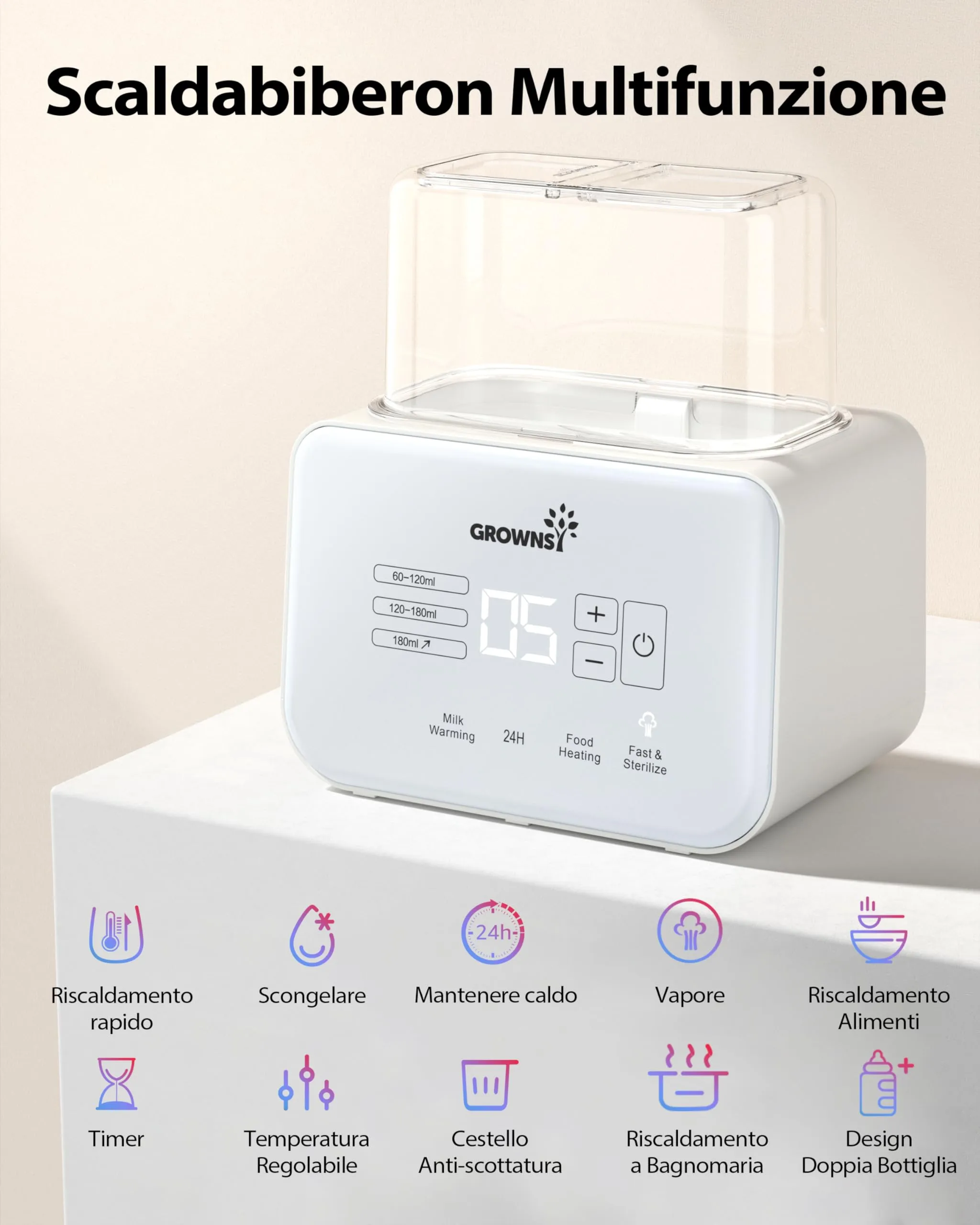 Grownsy Scaldabiberon Doppio 9 in 1 con Sterilizzatore e Display LCD - immagine 7