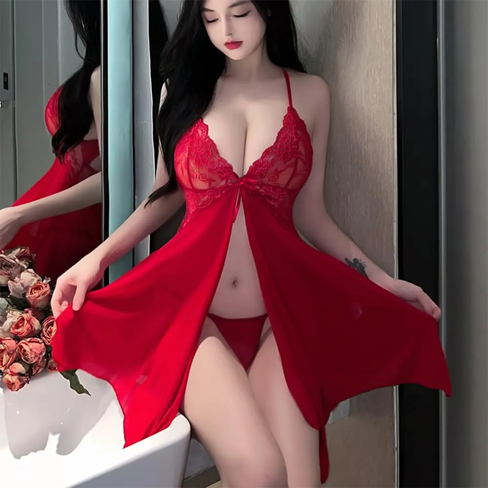 QNCLO Pigiama Sexy in Pizzo da Donna con Maglia, Rosso 1, Taglia Unica - immagine 2