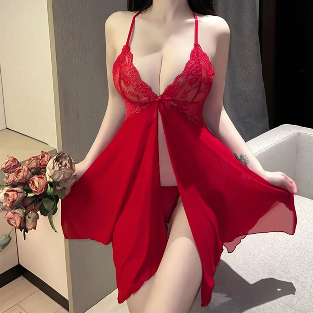 QNCLO Pigiama Sexy in Pizzo da Donna con Maglia, Rosso 1, Taglia Unica - immagine 4