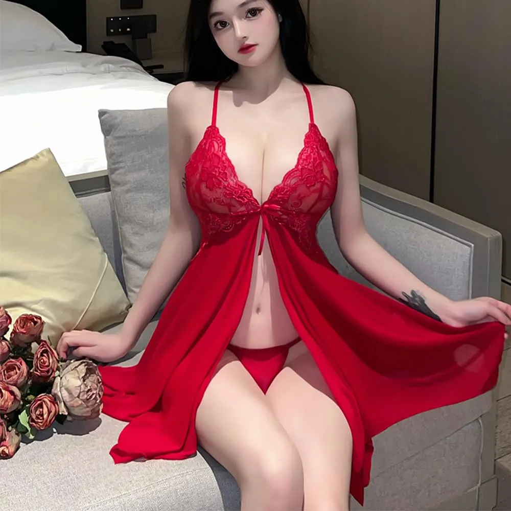 QNCLO Pigiama Sexy in Pizzo da Donna con Maglia, Rosso 1, Taglia Unica - immagine 6