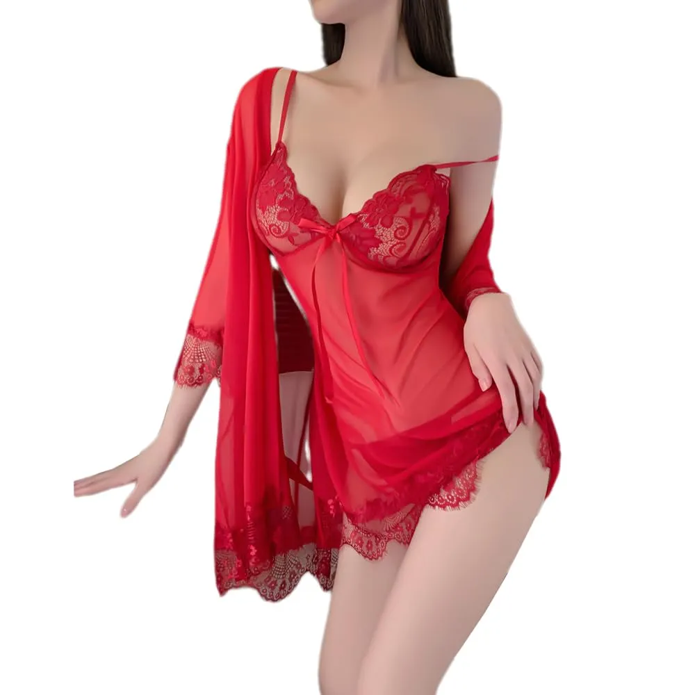 QNCLO Pigiama in pizzo e maglia trasparente da donna, rosso, Taglia unica - immagine 1