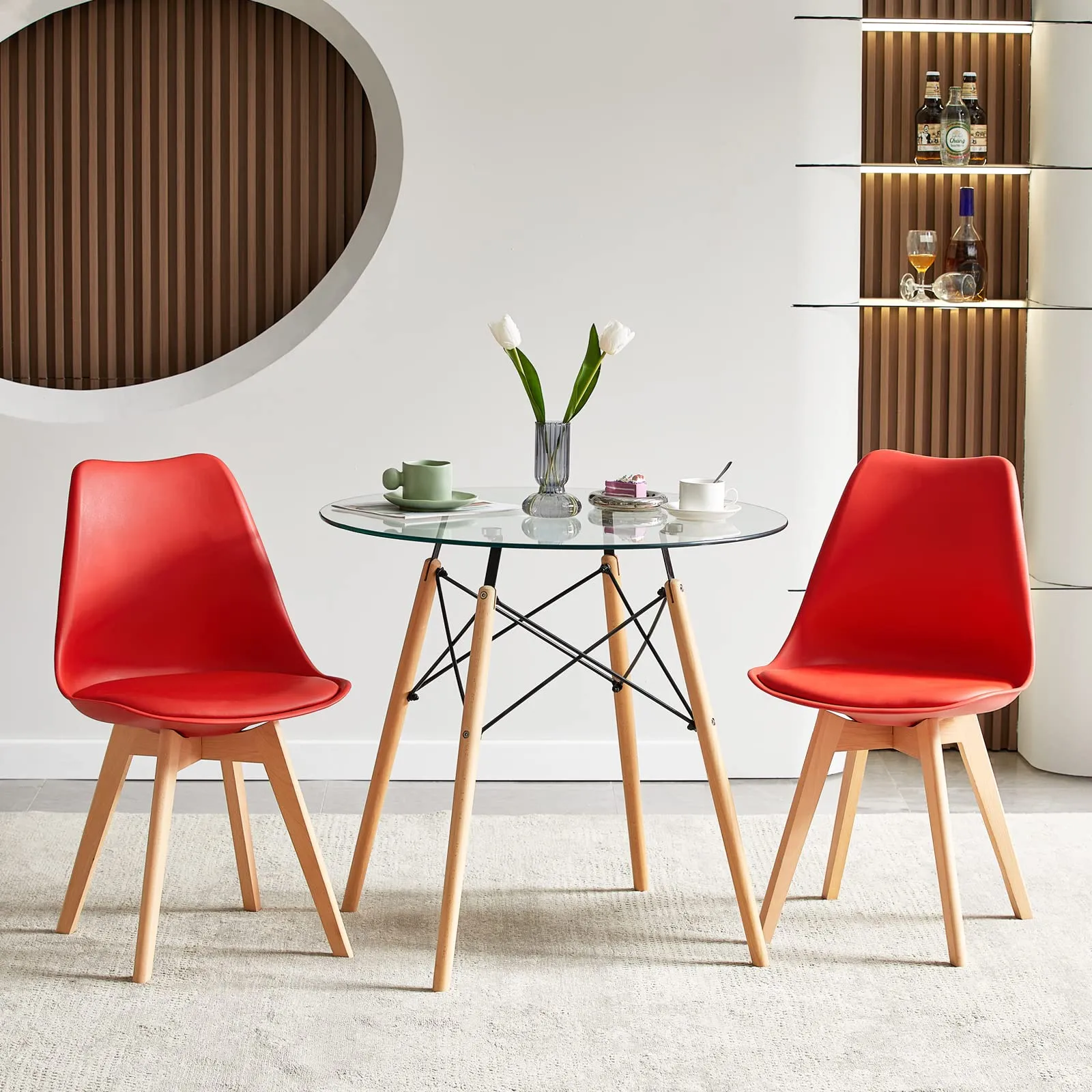 EGGREE Set di 8 Sedie da Pranzo e Cucina in Pelle PU e Legno, Rosso - immagine 3