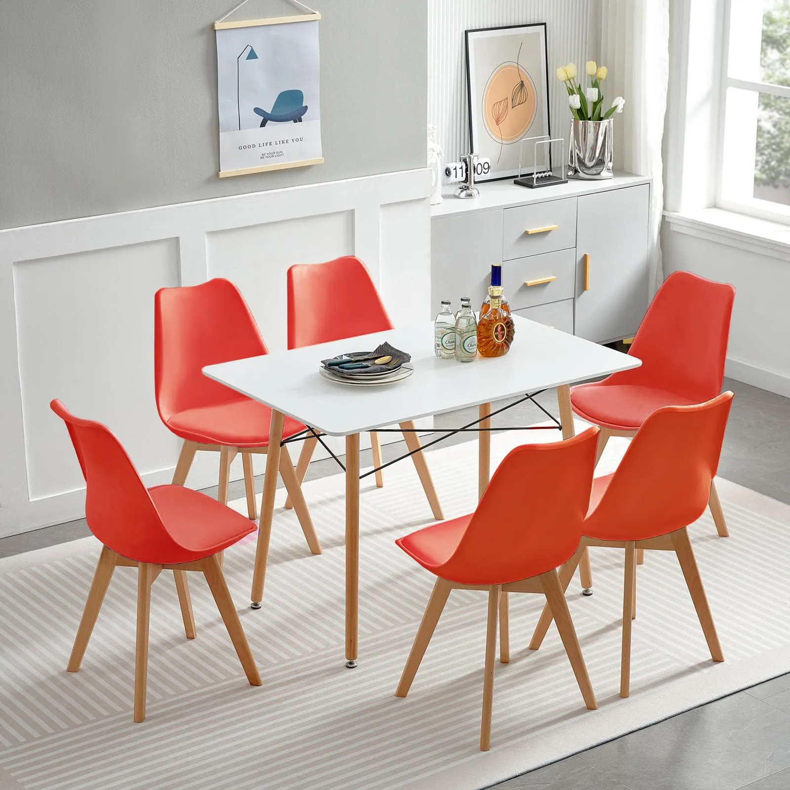 EGGREE Set di 8 Sedie da Pranzo e Cucina in Pelle PU e Legno, Rosso - immagine 5