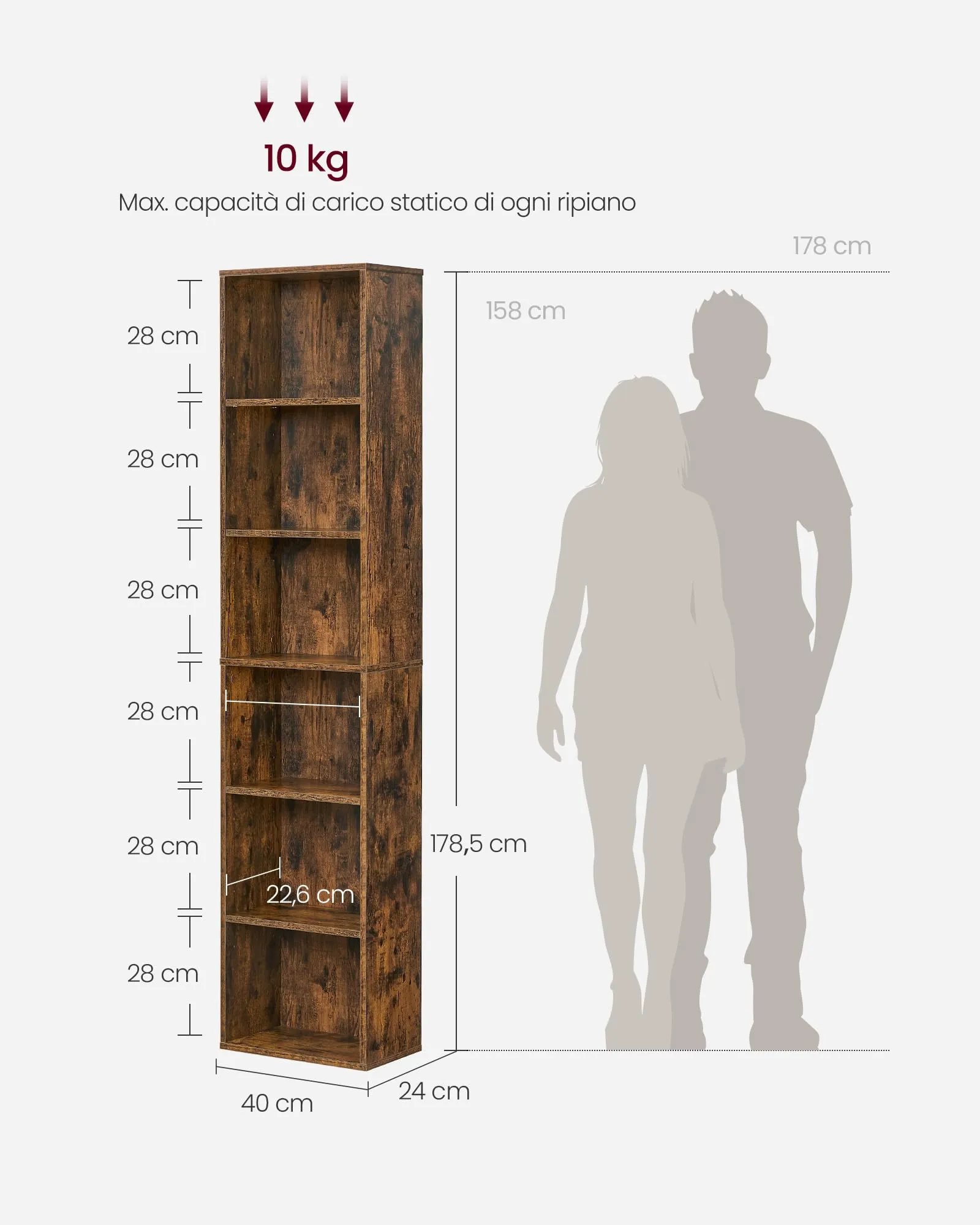 VASAGLE CUSTOS Libreria a 6 Ripiani, Stile Industriale, 24 x 40 x 178,5 cm, Marrone Vintage LBC167K01 - immagine 5