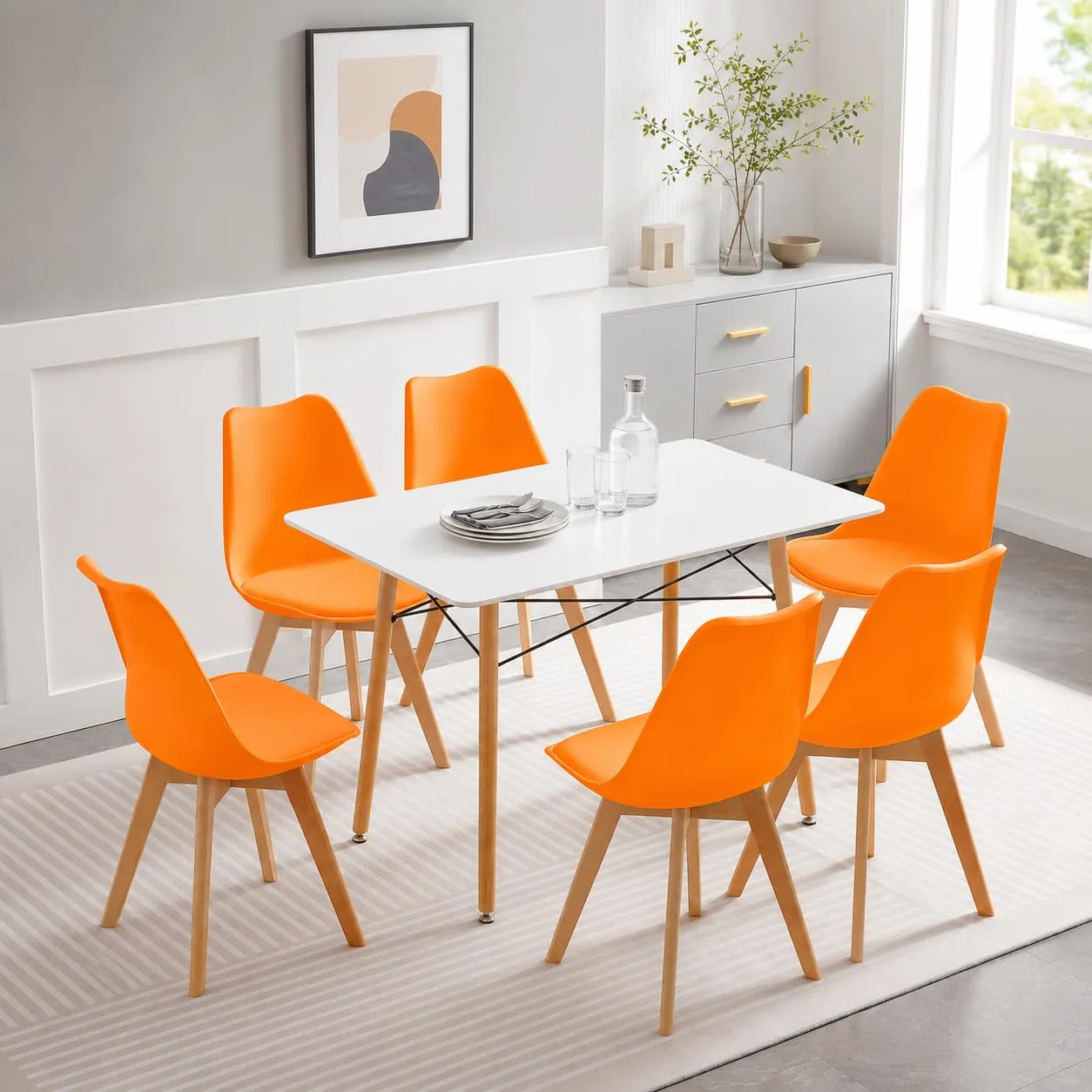 EGGREE Set di 8 Sedie da Pranzo e Cucina in Pelle PU con Gambe in Legno, Arancione - immagine 3