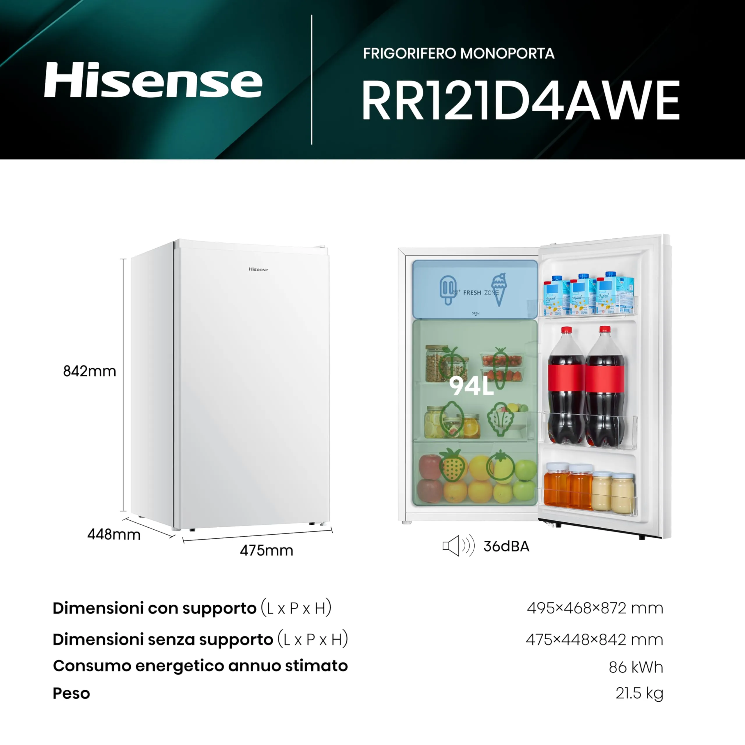 Hisense RR121D4AWE Frigorifero Monoporta, Bianco, 94 L, Classe E - immagine 2
