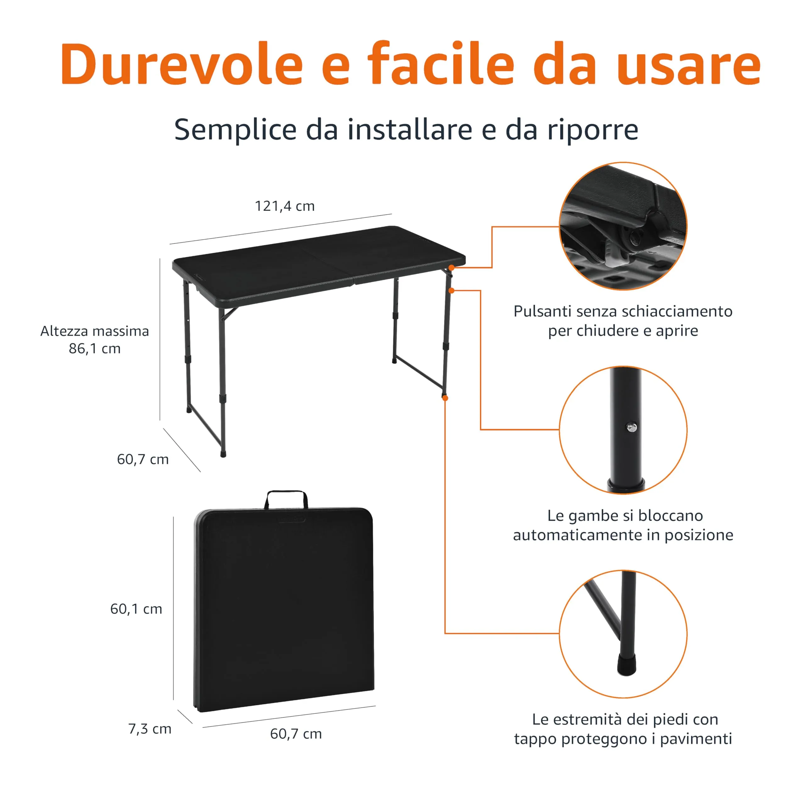 Amazon Basics Tavolo pieghevole rettangolare, 1,2 m, 4 regolazioni di altezza, Nero - immagine 2