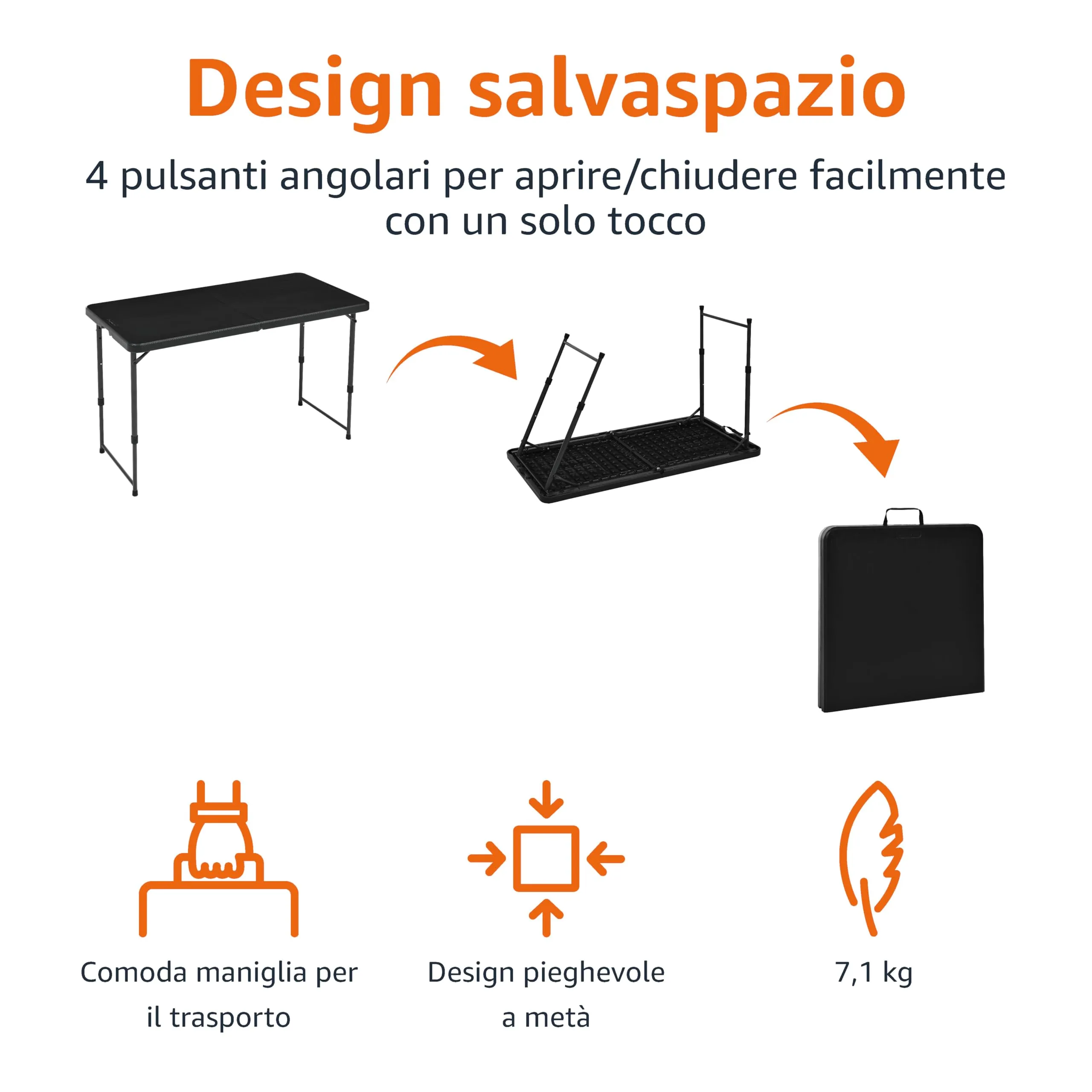 Amazon Basics Tavolo pieghevole rettangolare, 1,2 m, 4 regolazioni di altezza, Nero - immagine 4