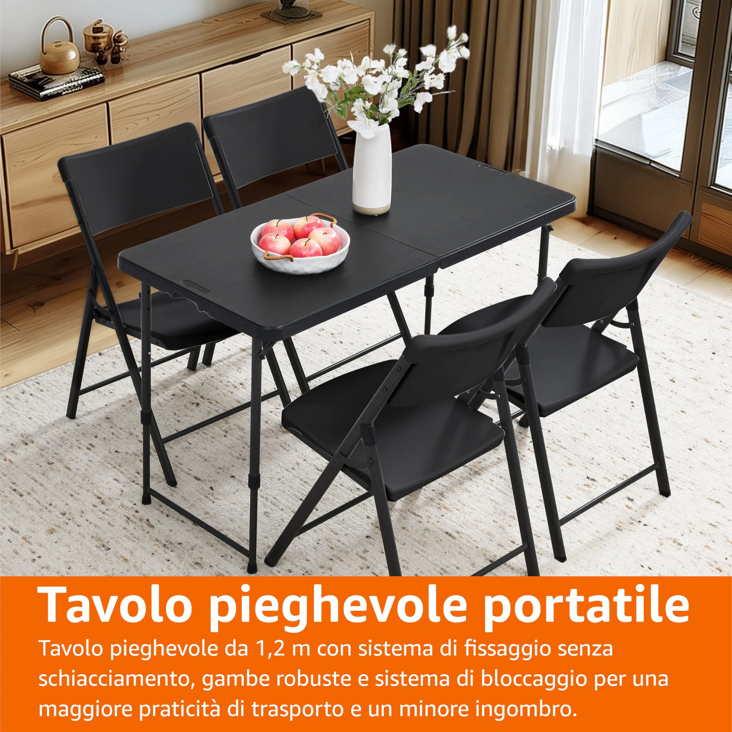 Amazon Basics Tavolo pieghevole rettangolare, 1,2 m, 4 regolazioni di altezza, Nero - immagine 6