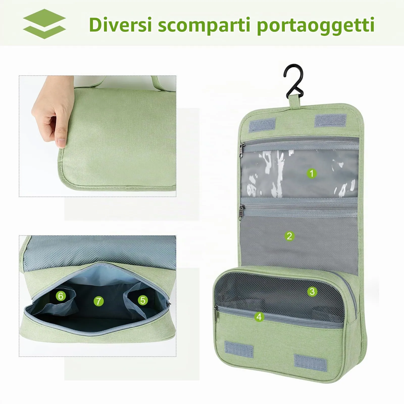 AiQInu Beauty Case da Viaggio Impermeabile con Gancio, Verde - immagine 2