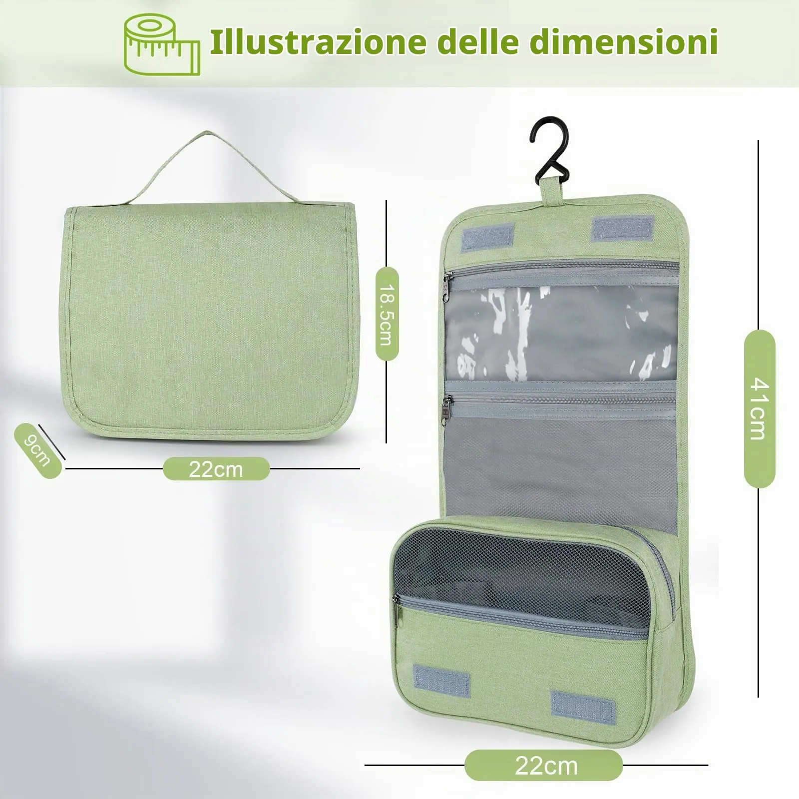 AiQInu Beauty Case da Viaggio Impermeabile con Gancio, Verde - immagine 3