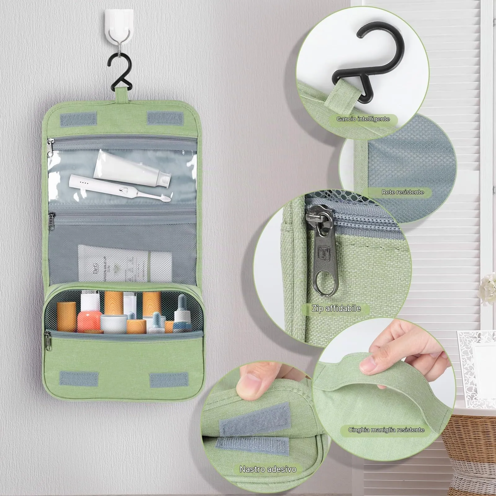 AiQInu Beauty Case da Viaggio Impermeabile con Gancio, Verde - immagine 4
