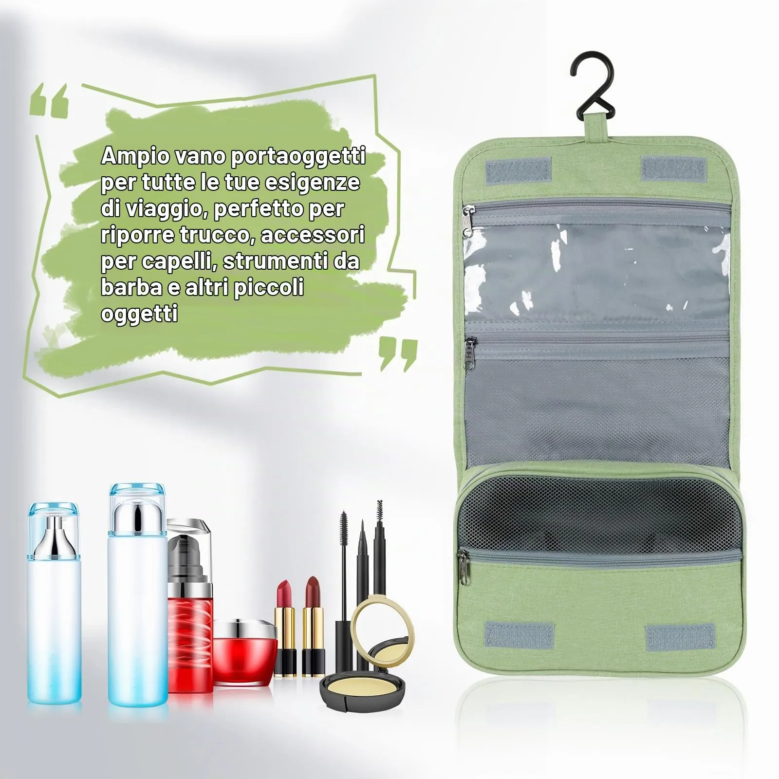 AiQInu Beauty Case da Viaggio Impermeabile con Gancio, Verde - immagine 5