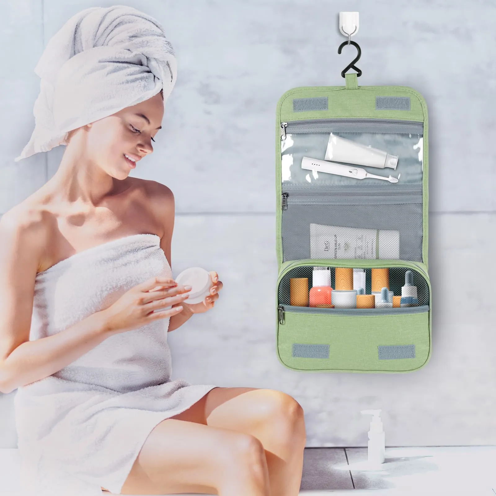 AiQInu Beauty Case da Viaggio Impermeabile con Gancio, Verde - immagine 6