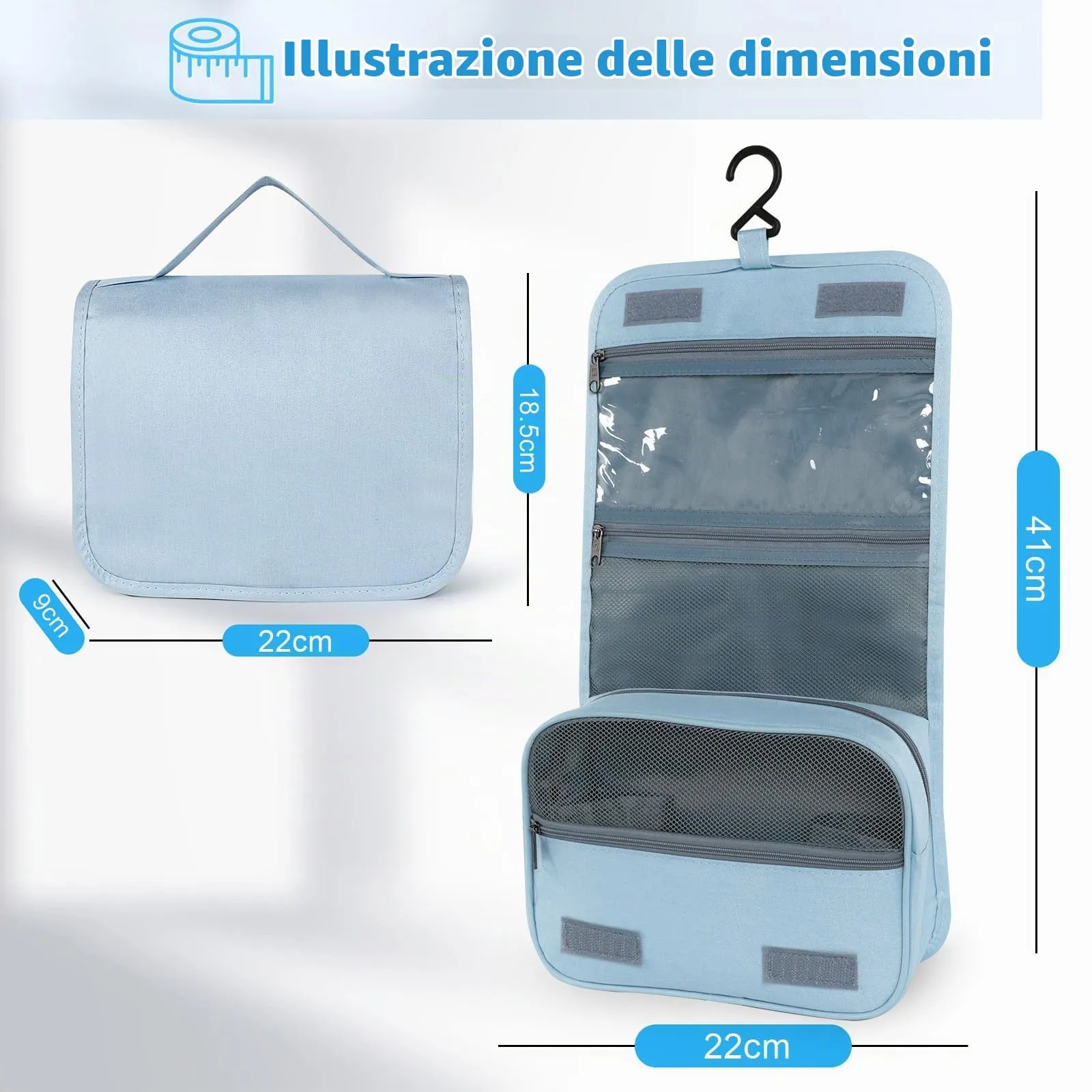 AiQInu Beauty Case da Viaggio, Borsa da Toilette Impermeabile con Gancio per Appendere, Azzurro - immagine 2
