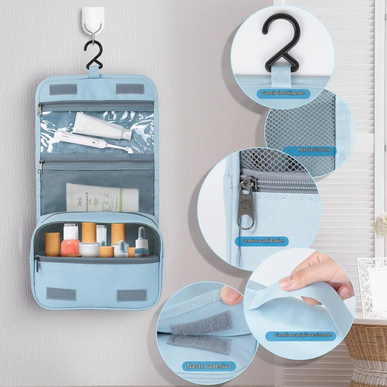 AiQInu Beauty Case da Viaggio, Borsa da Toilette Impermeabile con Gancio per Appendere, Azzurro - immagine 3