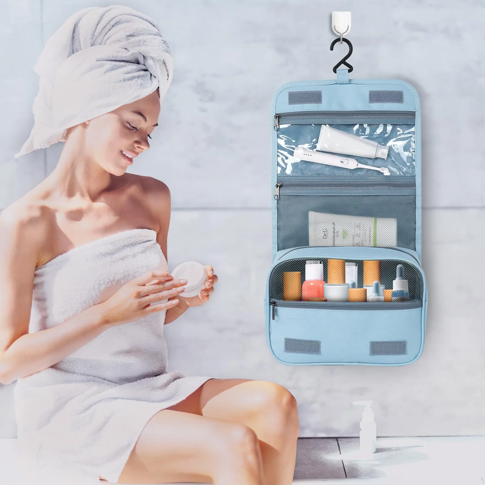 AiQInu Beauty Case da Viaggio, Borsa da Toilette Impermeabile con Gancio per Appendere, Azzurro - immagine 4