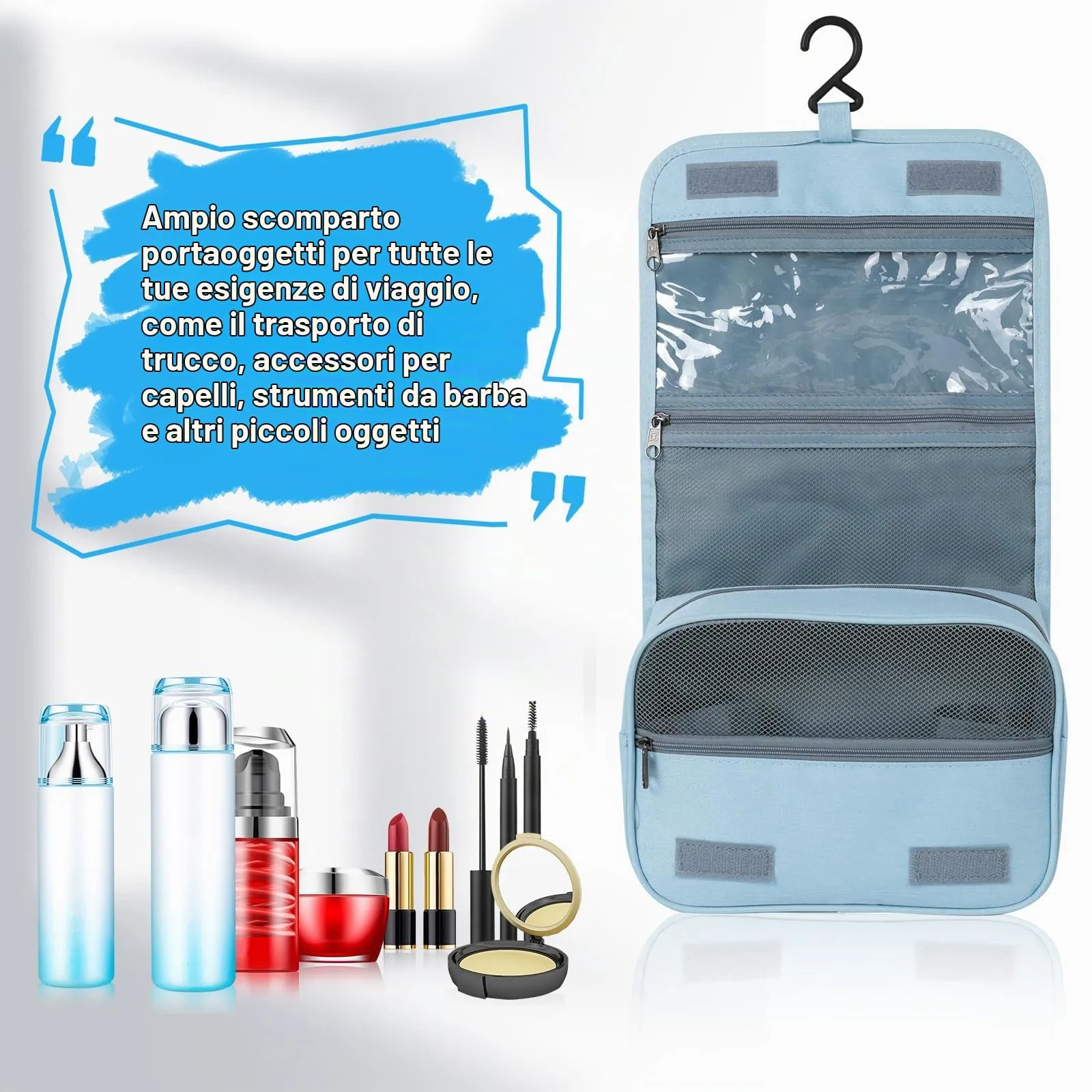 AiQInu Beauty Case da Viaggio, Borsa da Toilette Impermeabile con Gancio per Appendere, Azzurro - immagine 5