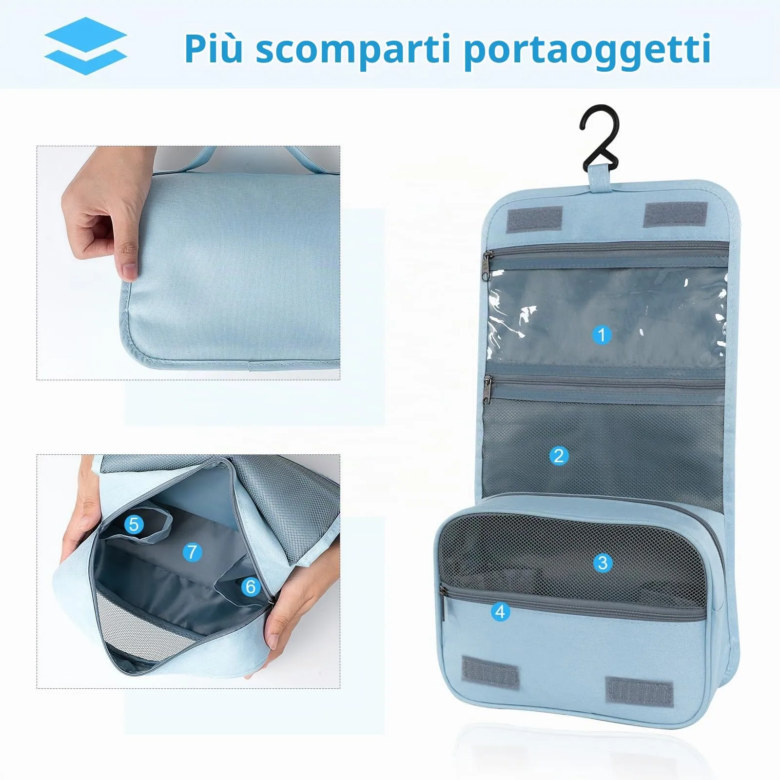 AiQInu Beauty Case da Viaggio, Borsa da Toilette Impermeabile con Gancio per Appendere, Azzurro - immagine 6