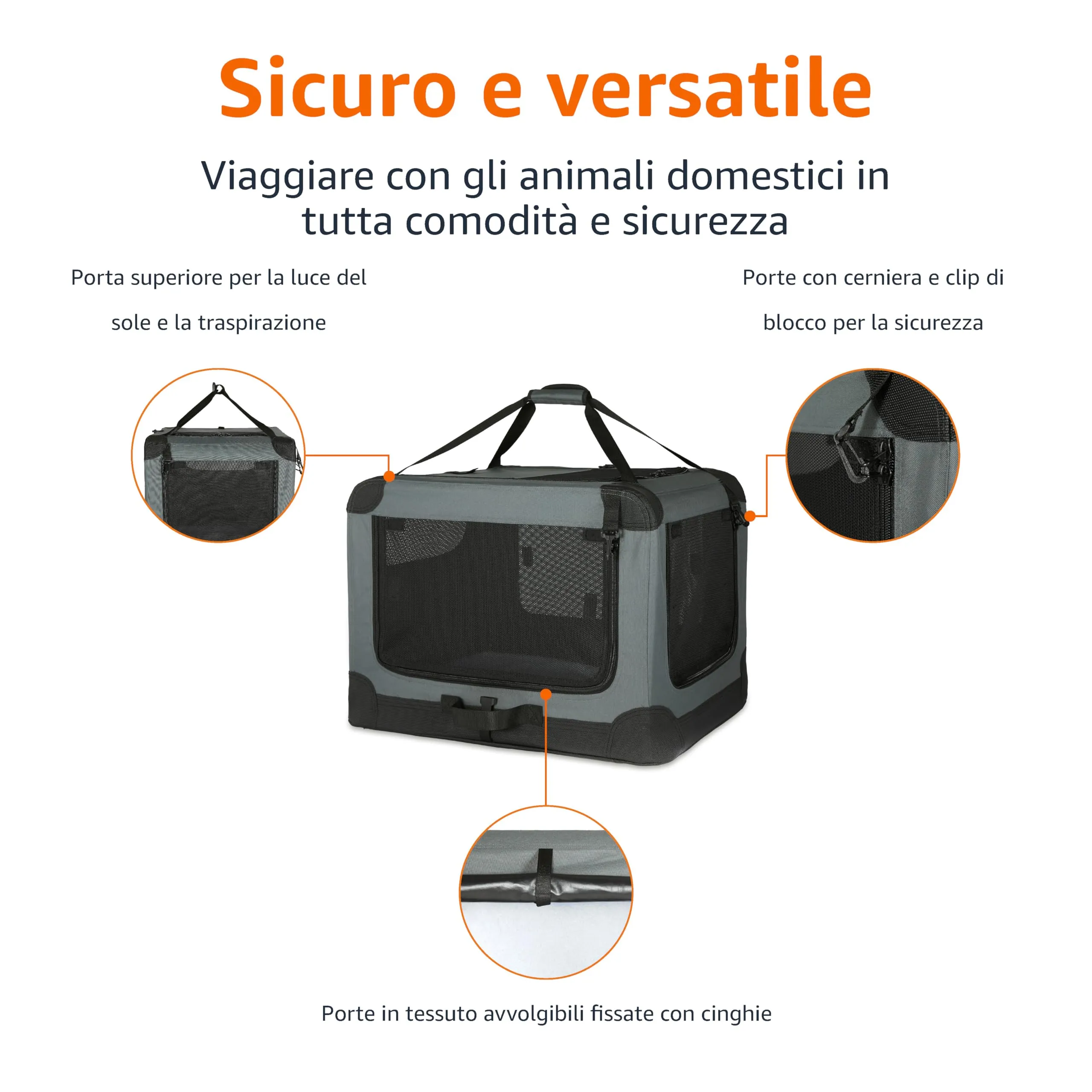 Amazon Basics Trasportino portatile e pieghevole a 4 porte per cani e gatti, Grigio, 66 x 46 x 46 cm - immagine 2