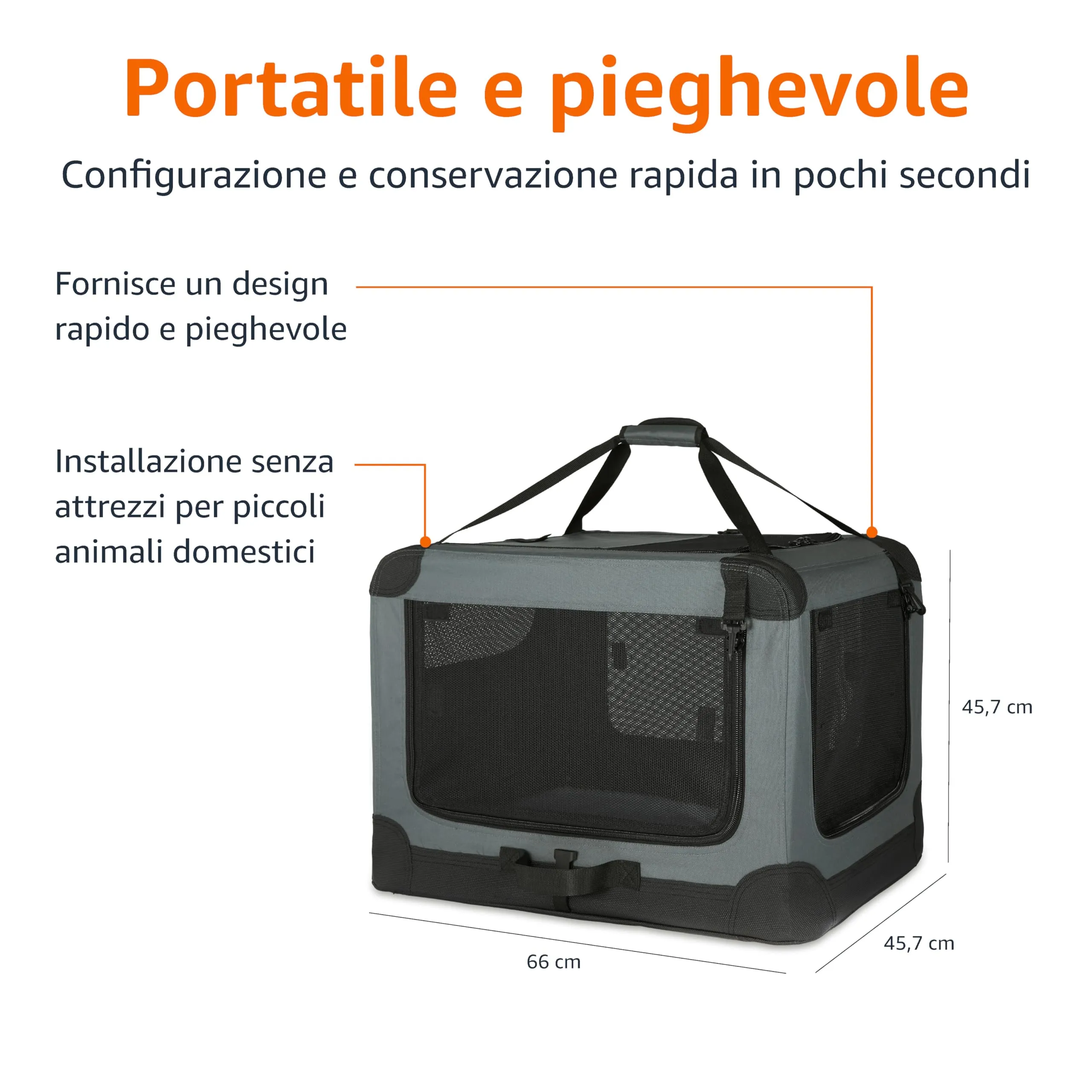Amazon Basics Trasportino portatile e pieghevole a 4 porte per cani e gatti, Grigio, 66 x 46 x 46 cm - immagine 4