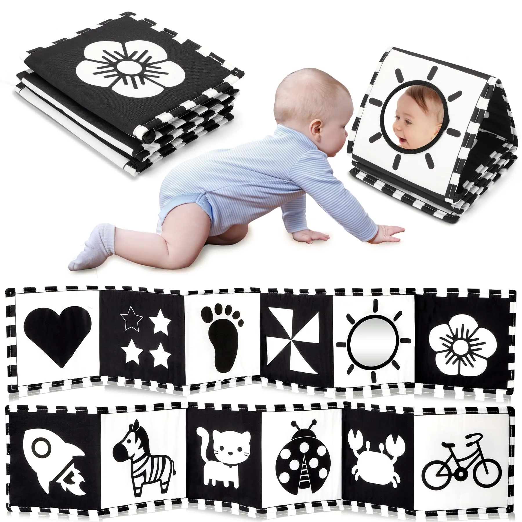 URMYWO Libro Sensoriale Neonati per Tummy Time, Bianco e Nero - immagine 5