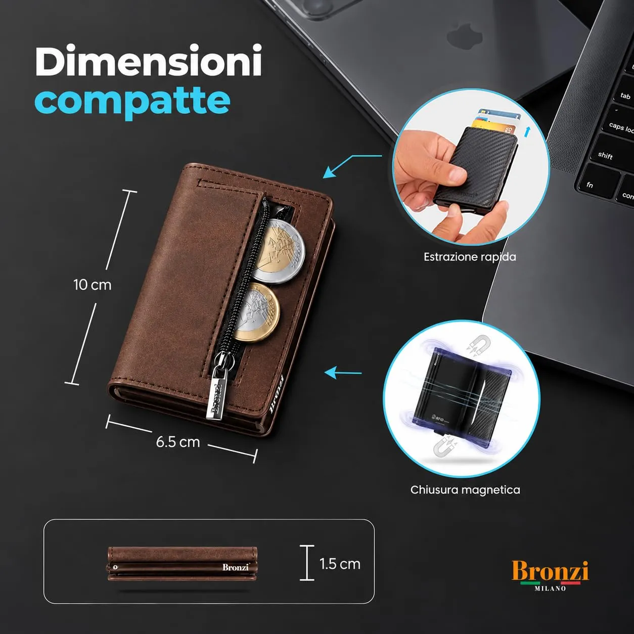 Bronzi Portafoglio Slim Porta Carte di Credito con Protezione RFID, Pelle, Marrone Testa Di Moro - immagine 2