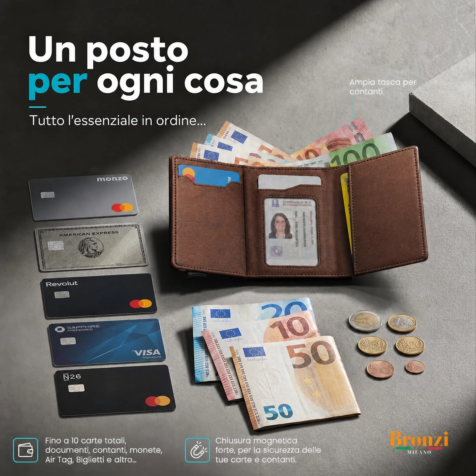 Bronzi Portafoglio Slim Porta Carte di Credito con Protezione RFID, Pelle, Marrone Testa Di Moro - immagine 3