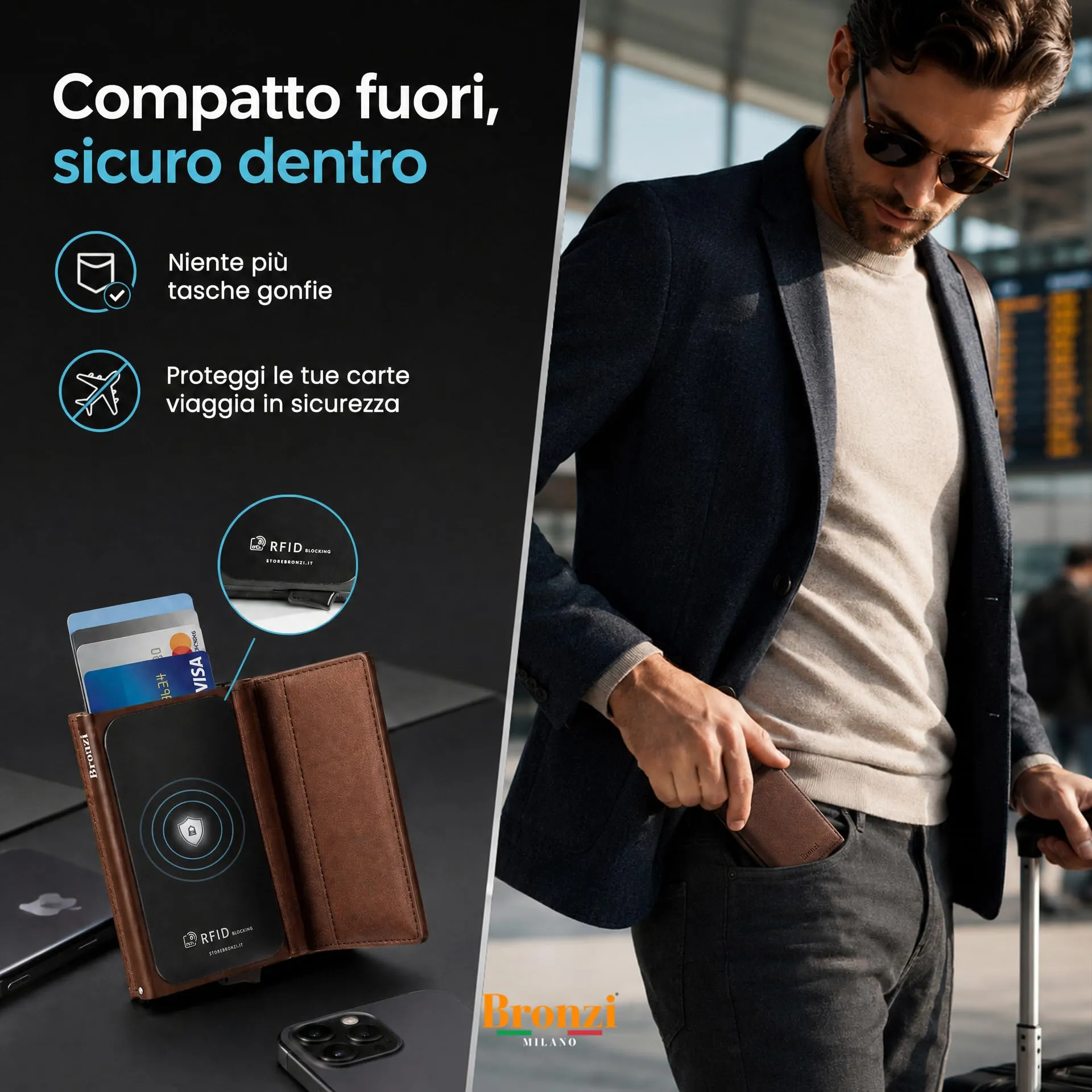 Bronzi Portafoglio Slim Porta Carte di Credito con Protezione RFID, Pelle, Marrone Testa Di Moro - immagine 4