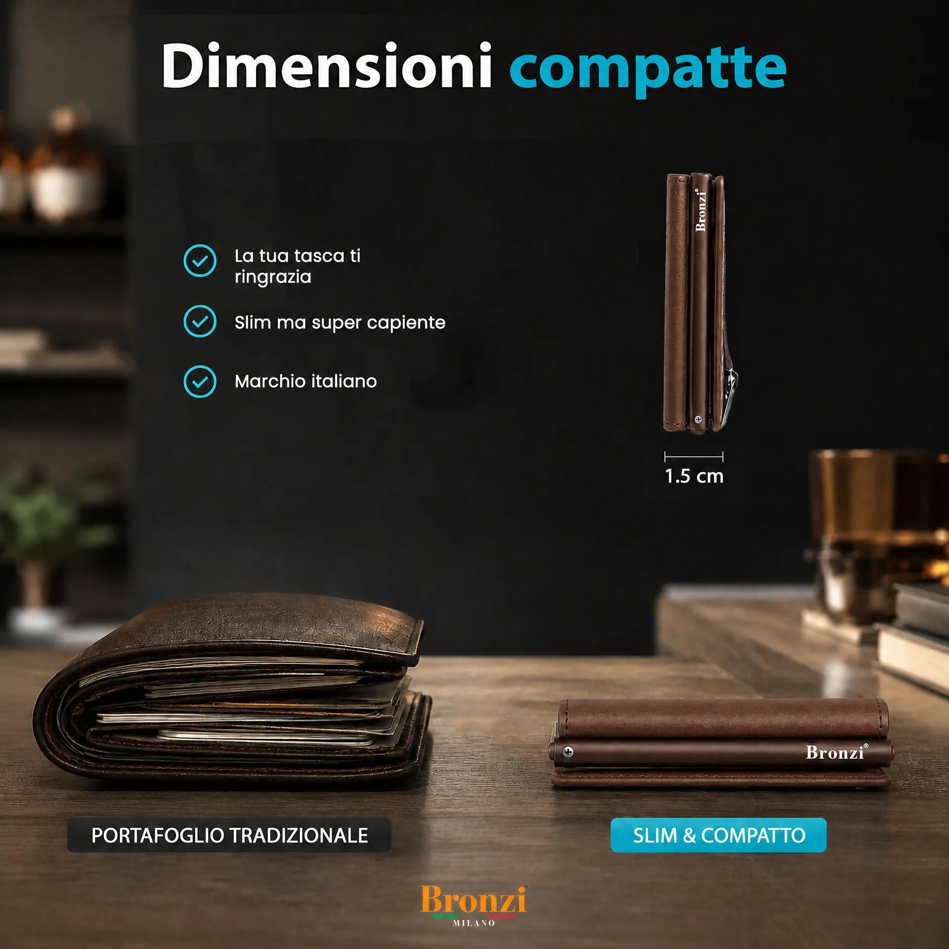 Bronzi Portafoglio Slim Porta Carte di Credito con Protezione RFID, Pelle, Marrone Testa Di Moro - immagine 5