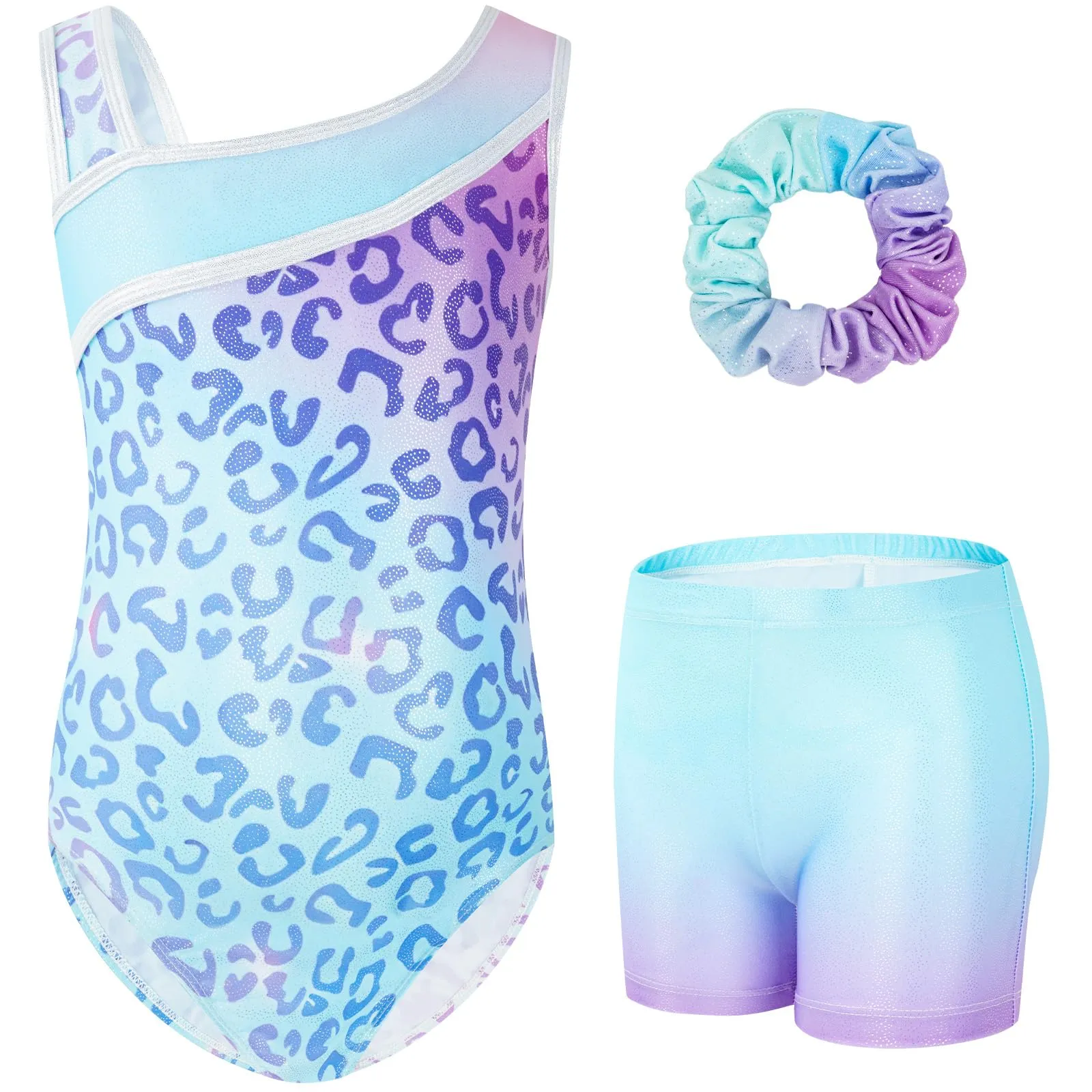 Gogokids Set da ginnastica a tre pezzi per ragazze, body senza maniche con pantaloncini e fascia, design sfumato scintillante, 110 (5-6Y) - immagine 1