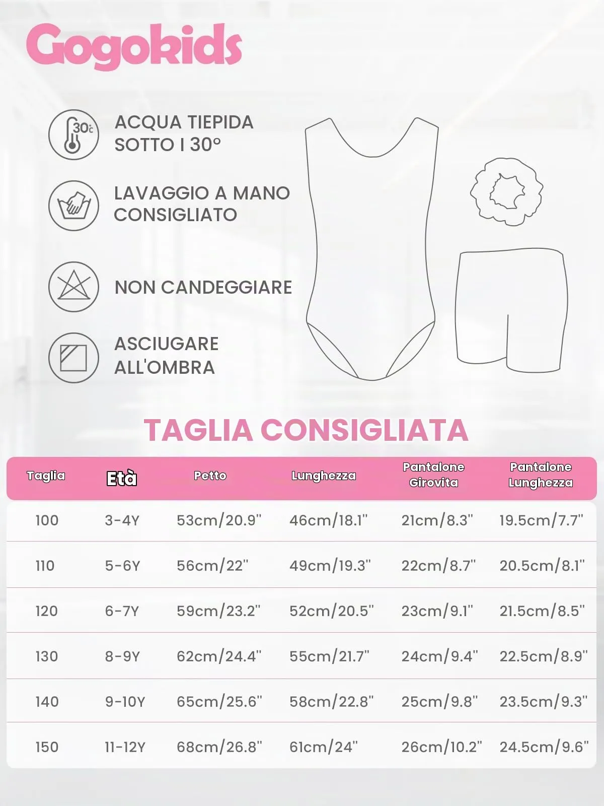 Gogokids Set da ginnastica a tre pezzi per ragazze, body senza maniche con pantaloncini e fascia, design sfumato scintillante, 110 (5-6Y) - immagine 7