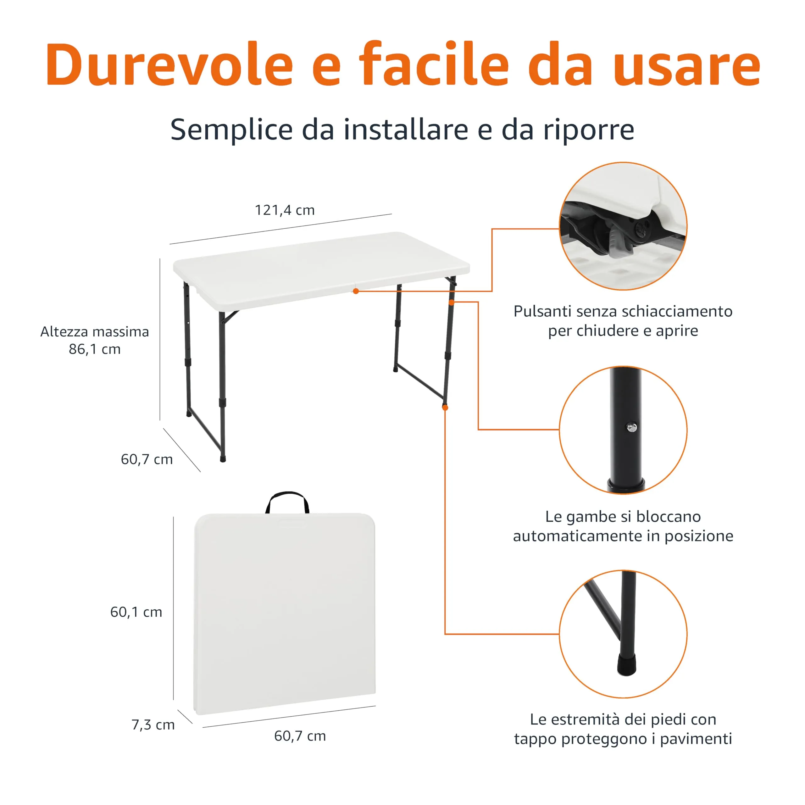 Amazon Basics Tavolo pieghevole rettangolare, 1,2 m, 4 regolazioni di altezza, bianco - immagine 2