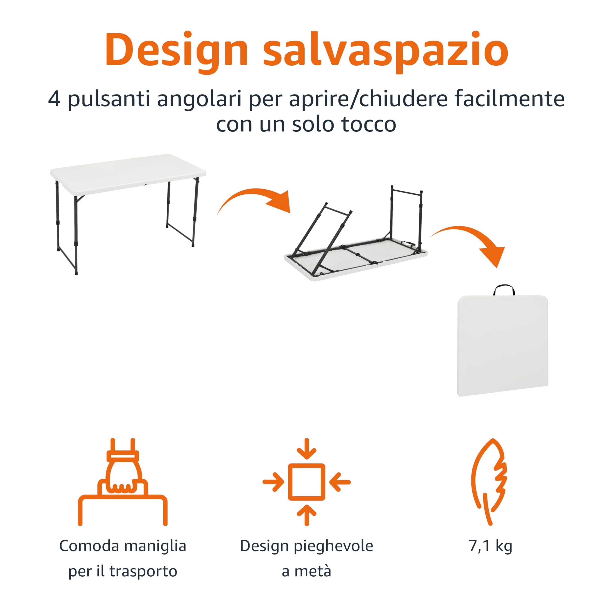Amazon Basics Tavolo pieghevole rettangolare, 1,2 m, 4 regolazioni di altezza, bianco - immagine 4