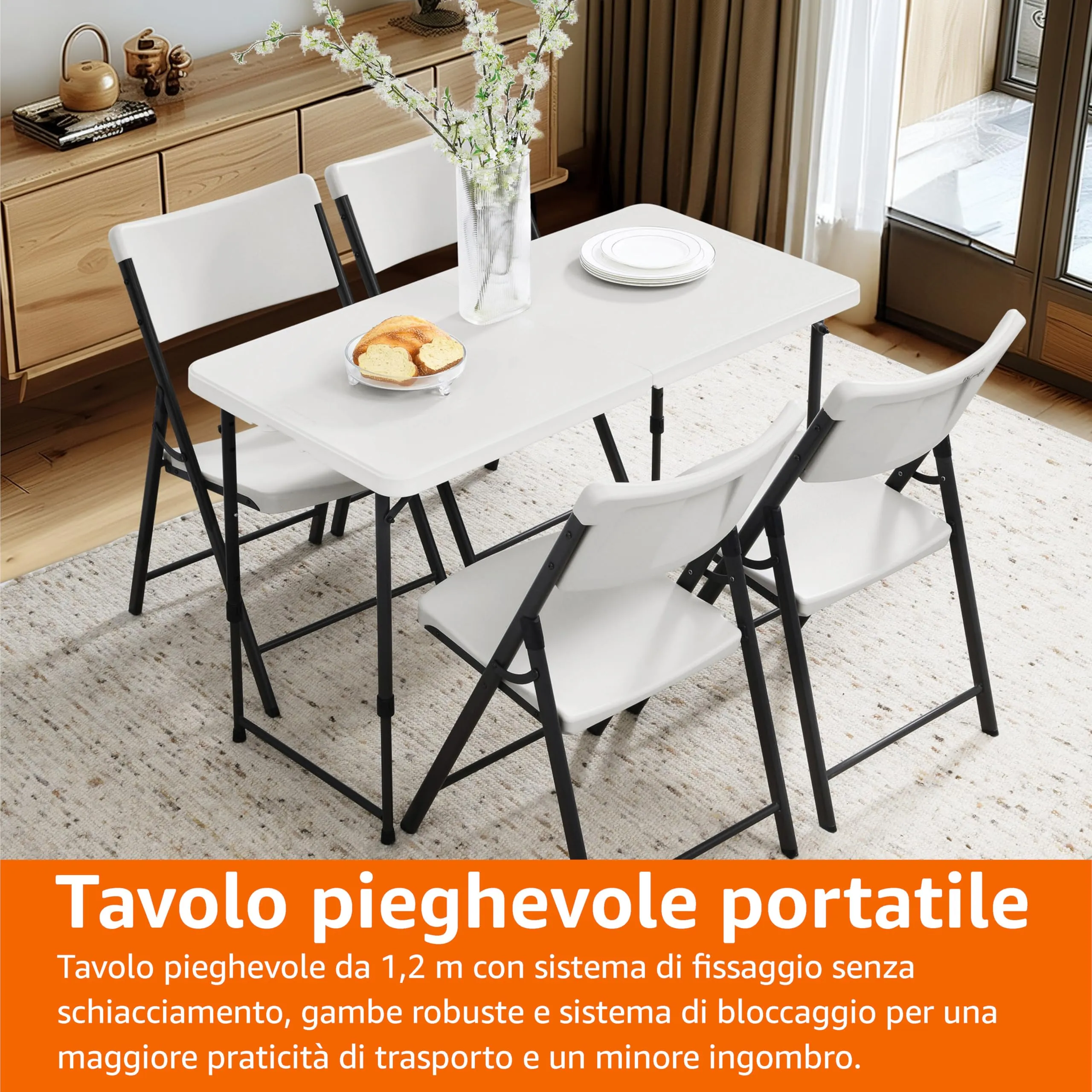 Amazon Basics Tavolo pieghevole rettangolare, 1,2 m, 4 regolazioni di altezza, bianco - immagine 7