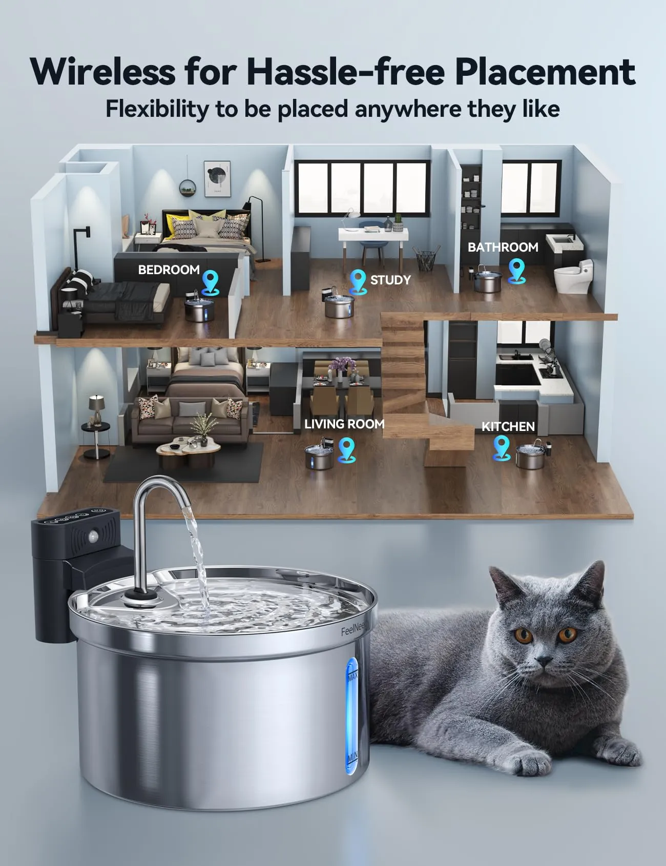 FEELNEEDY FN-W08L Fontanella per Gatti Senza Fili in Acciaio, 3,5L, con 3 Filtri - immagine 3