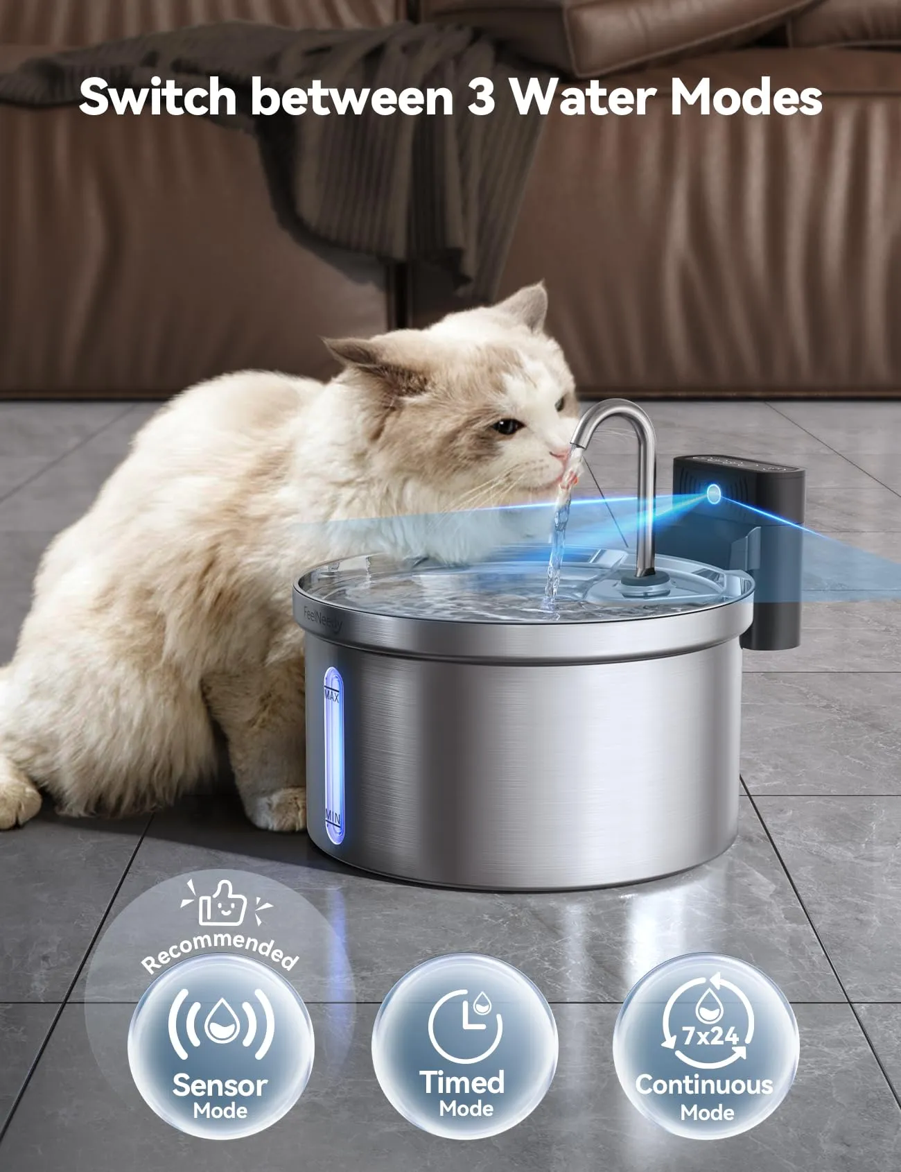 FEELNEEDY FN-W08L Fontanella per Gatti Senza Fili in Acciaio, 3,5L, con 3 Filtri - immagine 4