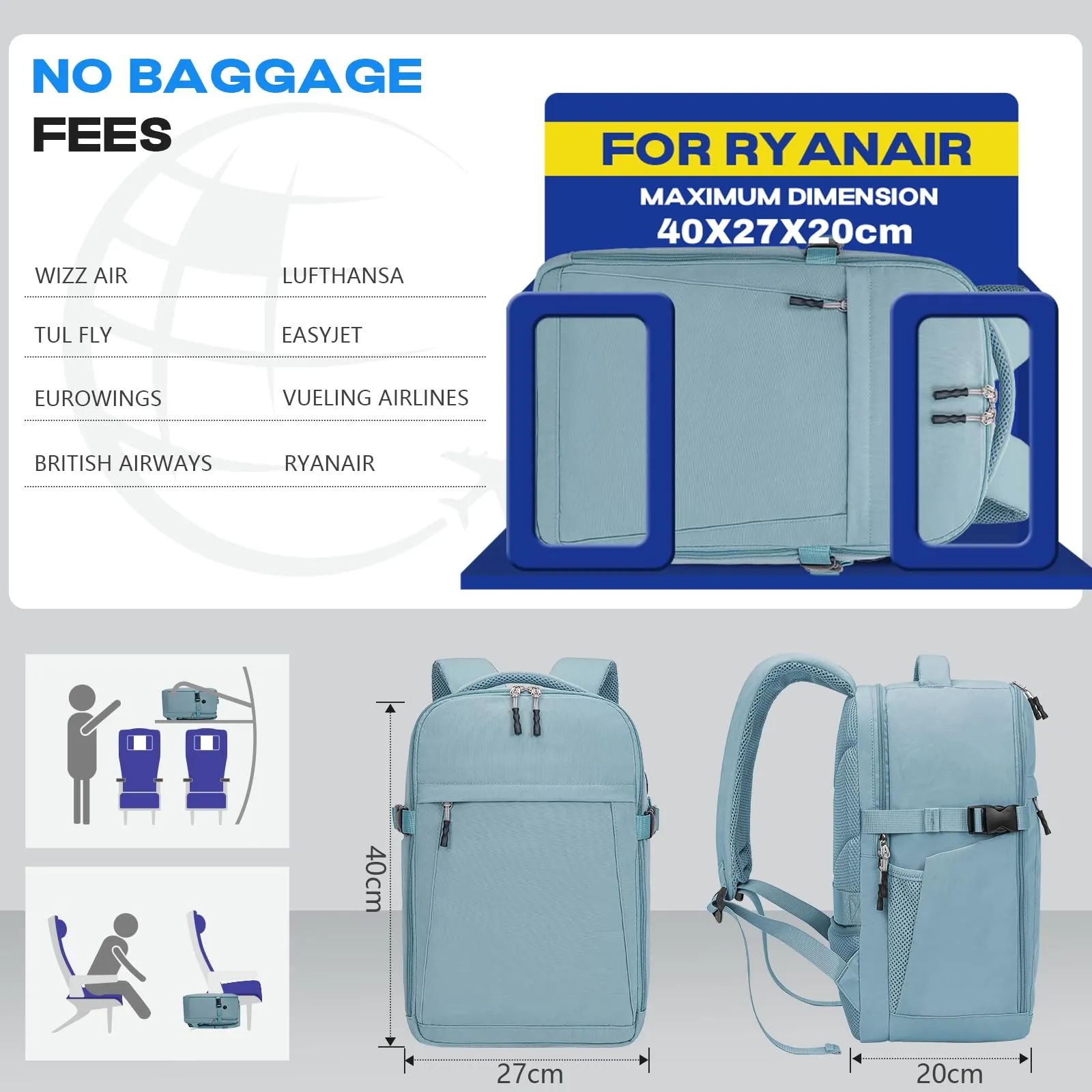 Xkdoai Zaino da Viaggio Bagaglio a Mano per Ryanair 40x30x20cm - immagine 2