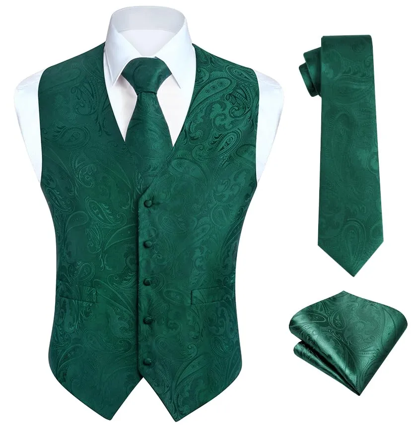HISDERN Gilet da uomo in Jacquard con motivo Paisley, set completo con cravatta e fazzoletto, Verde-n., XXL - immagine 1