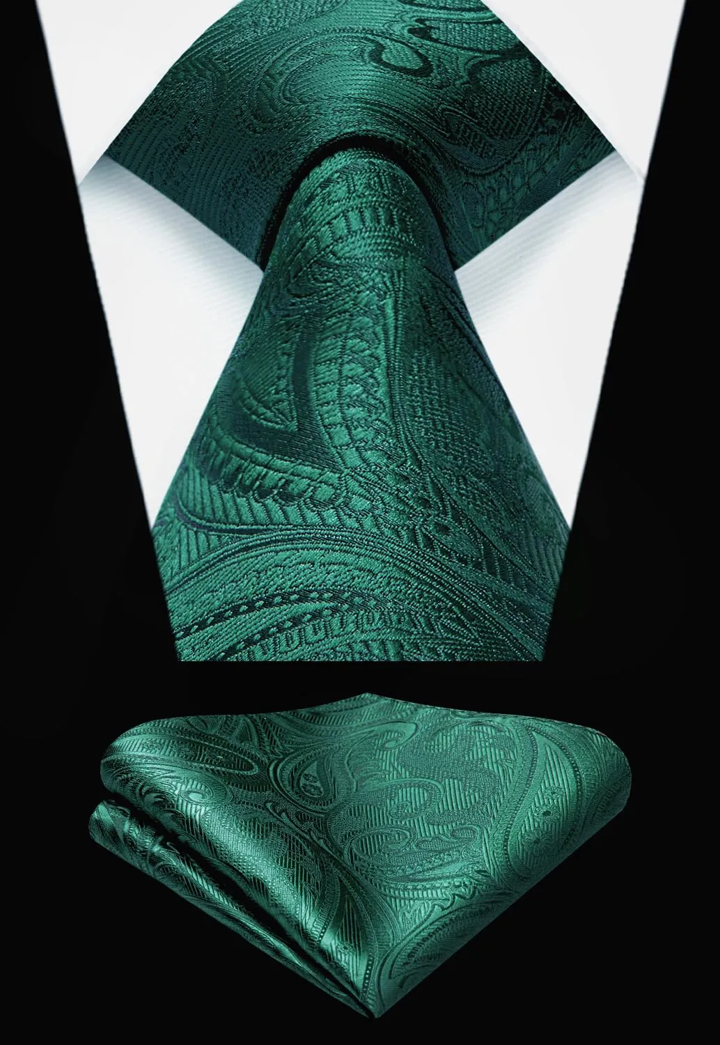 HISDERN Gilet da uomo in Jacquard con motivo Paisley, set completo con cravatta e fazzoletto, Verde-n., XXL - immagine 2