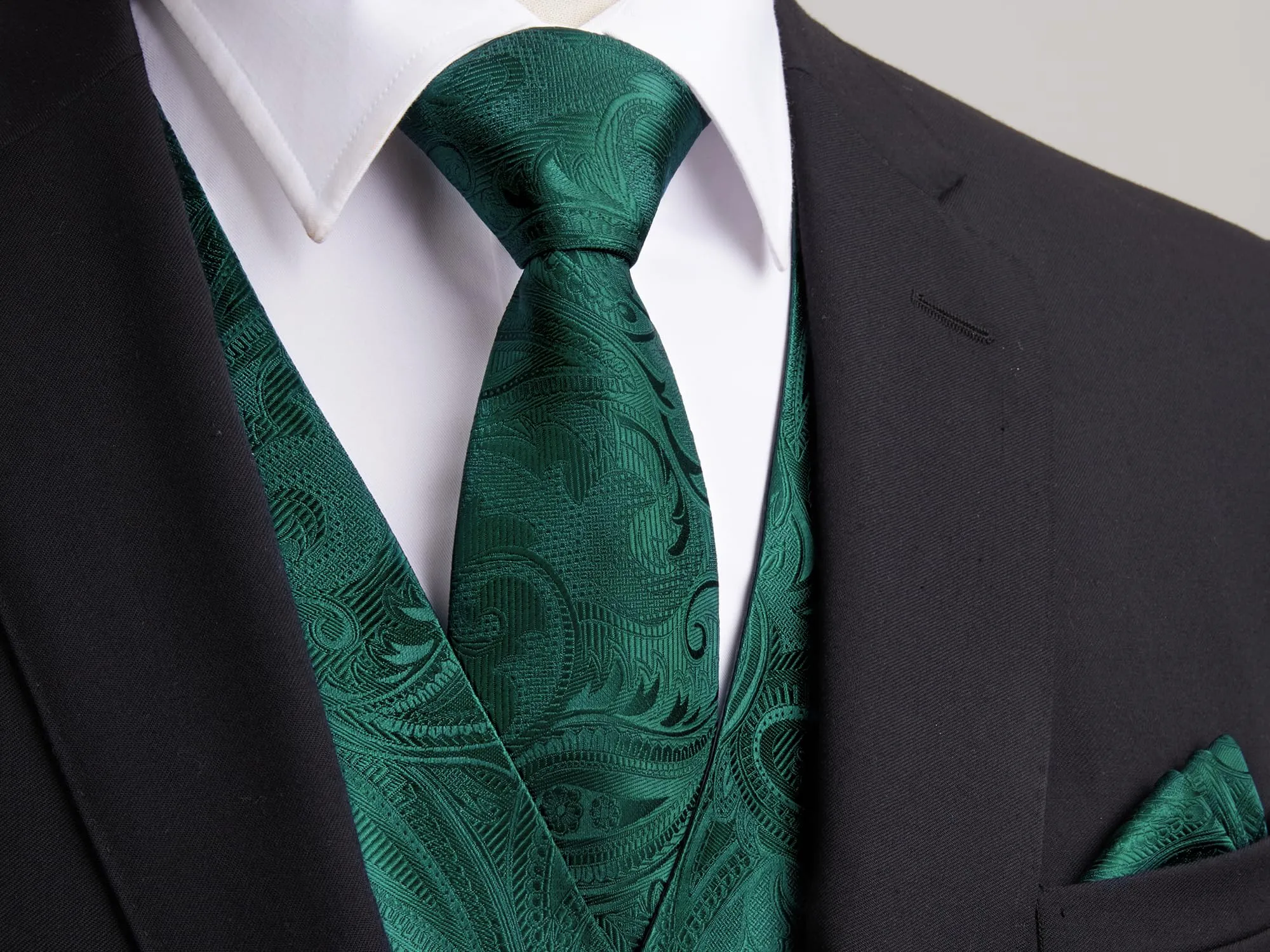 HISDERN Gilet da uomo in Jacquard con motivo Paisley, set completo con cravatta e fazzoletto, Verde-n., XXL - immagine 3